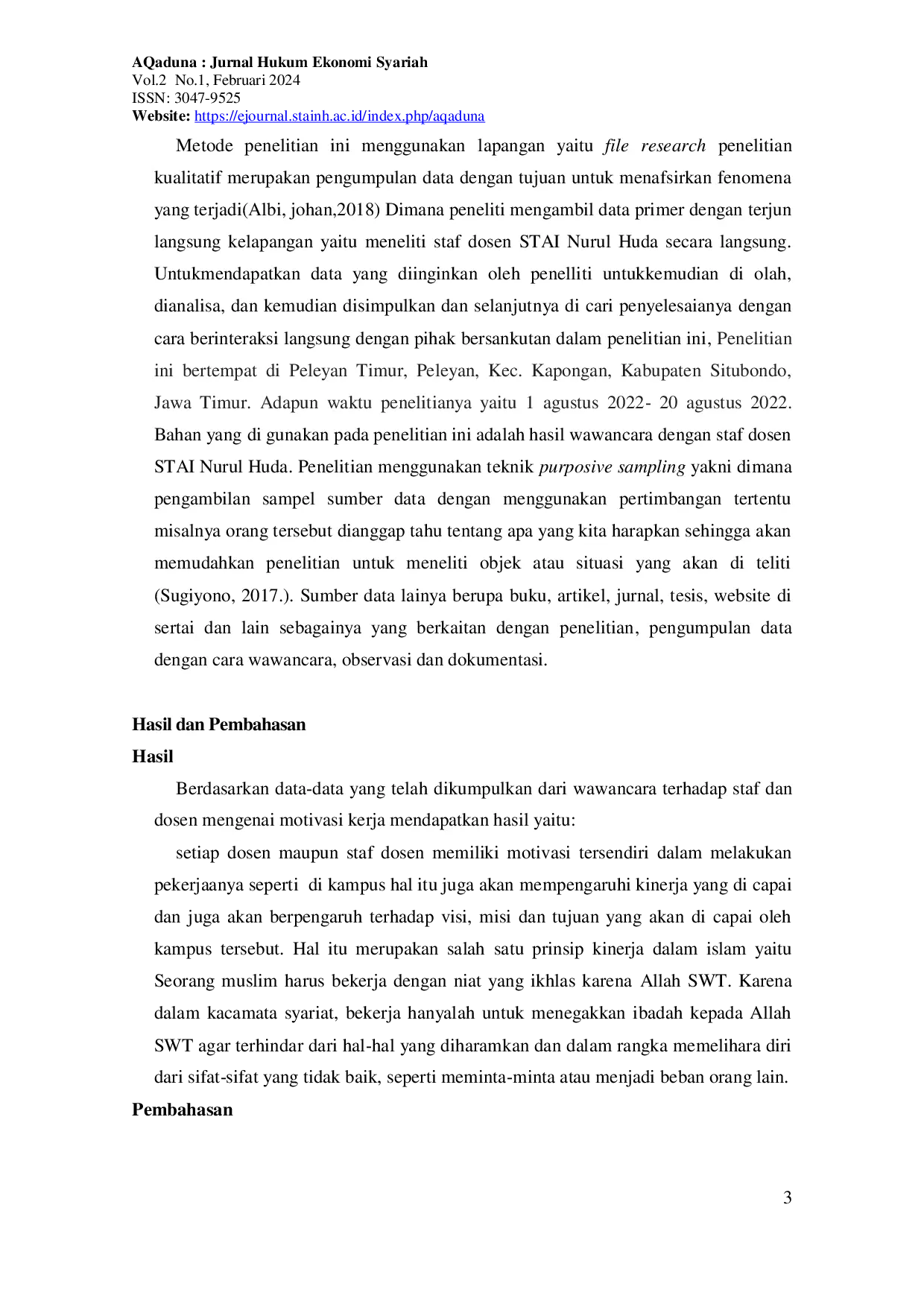 juris Motivasi Kinerja Staff dan Dosen STAI Nurul Huda Perspektif Ekonomi Islam