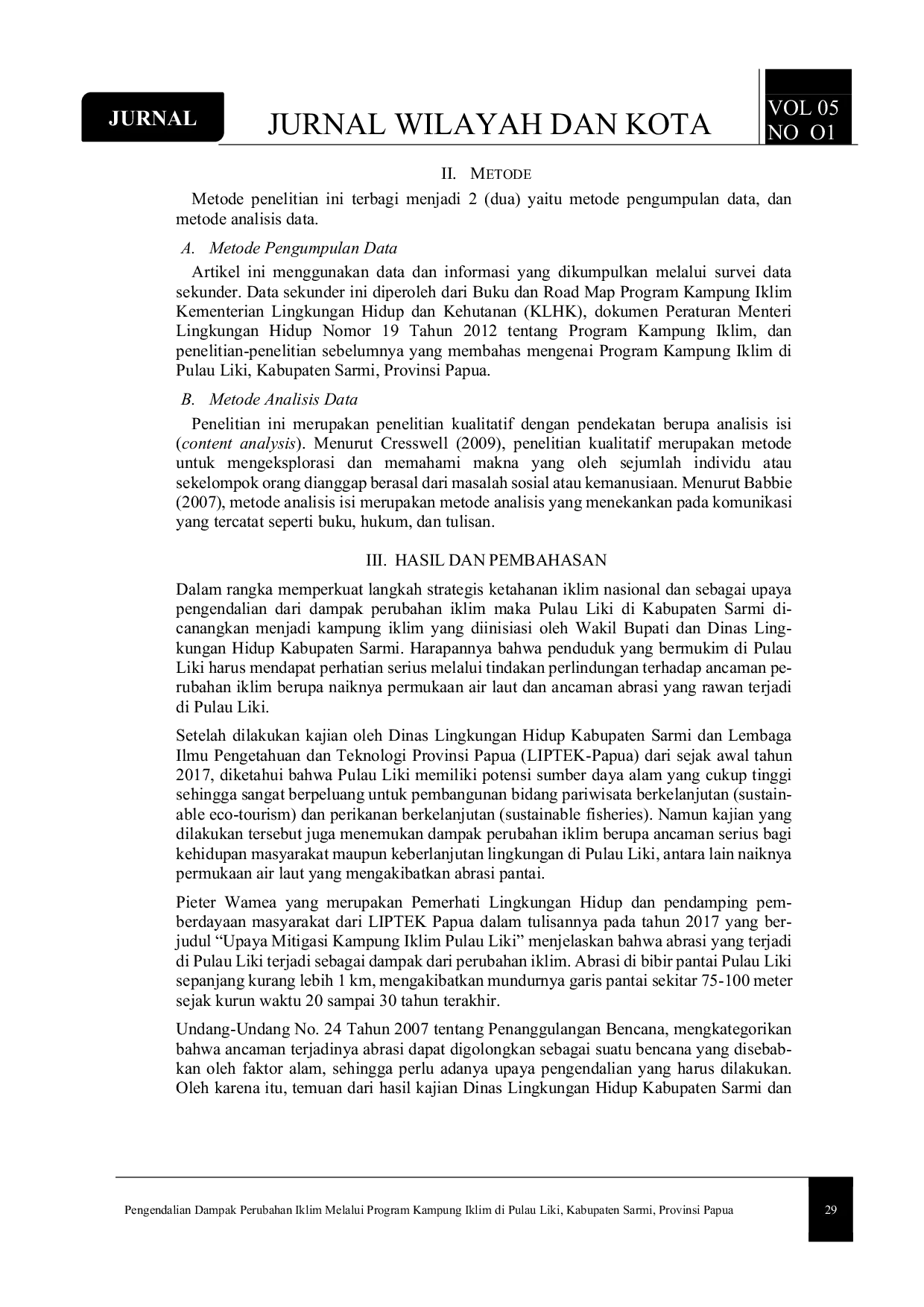 JURIS Pengendalian Dampak Perubahan Iklim Melalui Program Kampung Iklim di Pulau Liki Kabupaten Sarmi Provinsi Papua