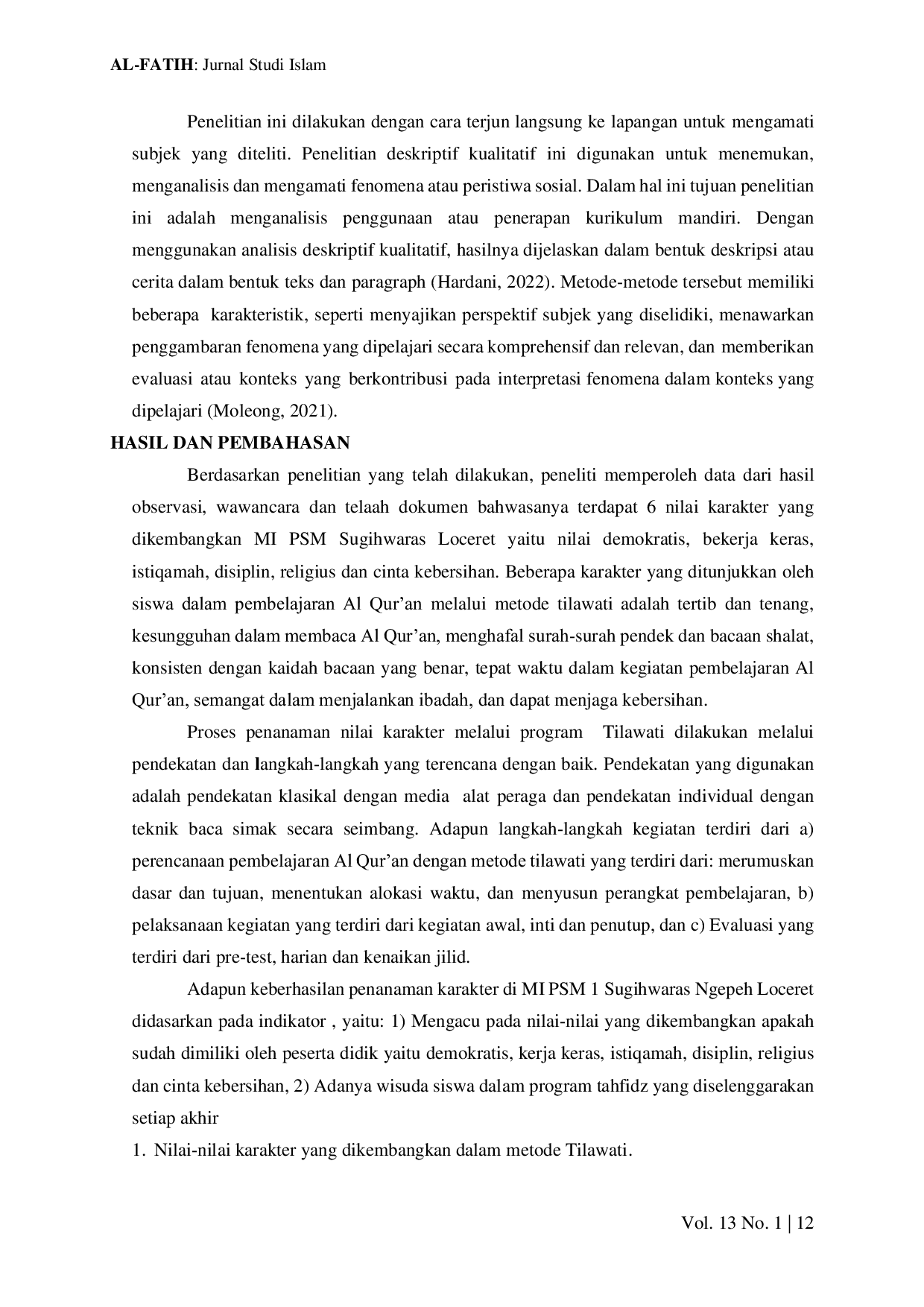 JURIS Penguatan Karakter Siswa Melalui Metode Tilawati di MI PSM Sugihwaras Nganjuk