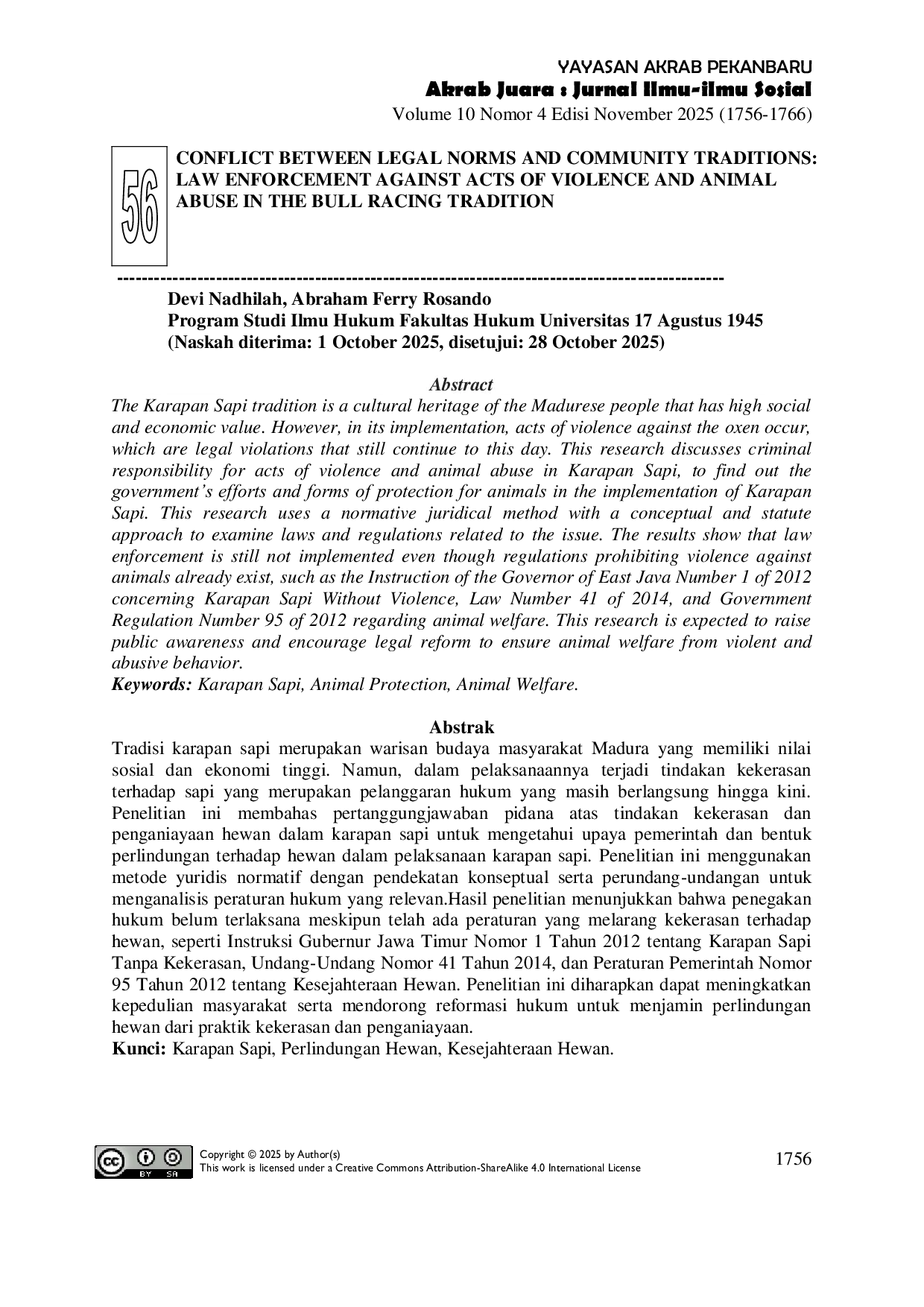 JURIS Conflict Between Legal Norms and Community Traditions Law Enforcement Against Acts of Violence and Animal Abuse in the Bull Racing Tradition