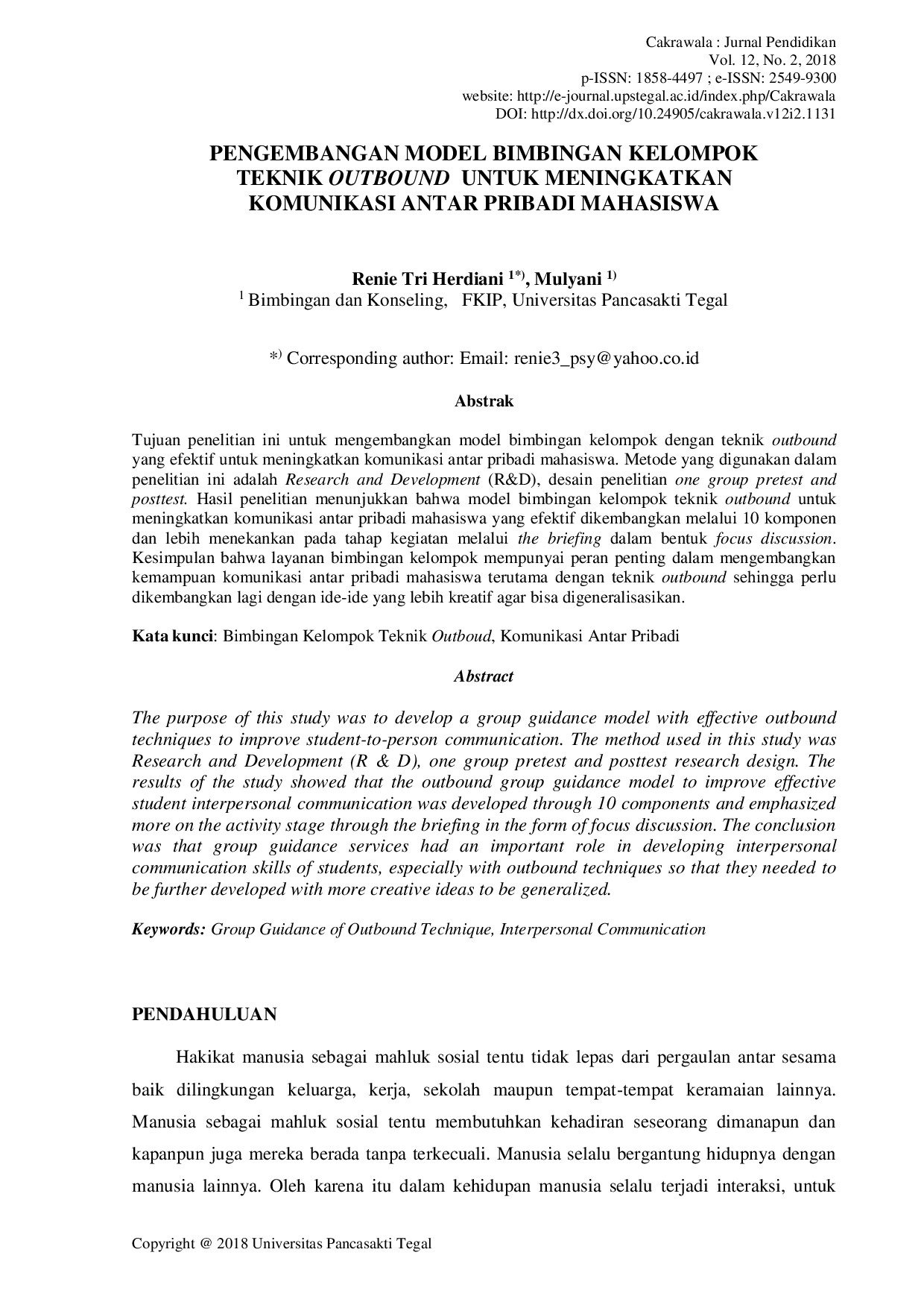 juris Pengembangan Model Bimbingan Kelompok Teknik Outbound untuk Meningkatkan Komunikasi Antar Pribadi Mahasiswa