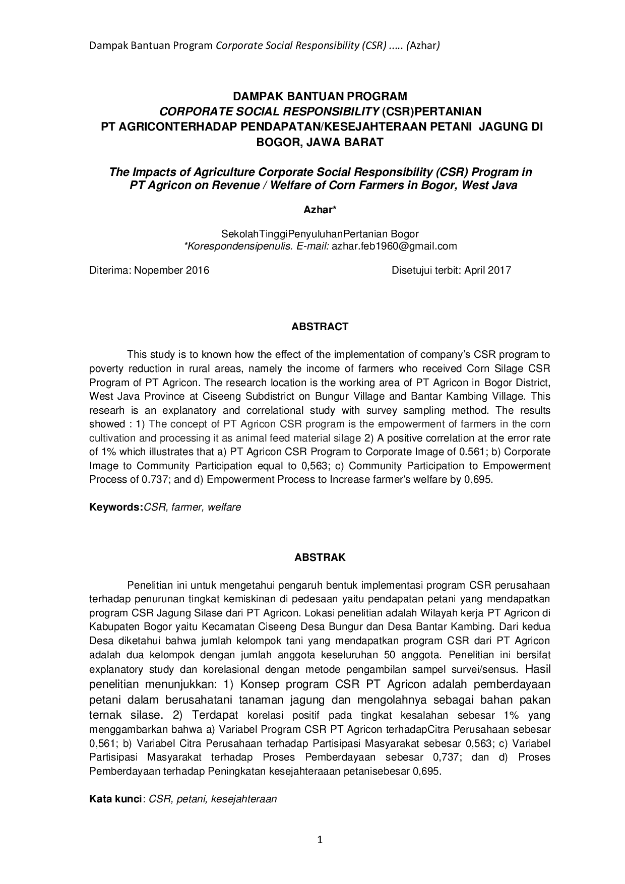 JURIS Dampak Bantuan Program Corporate Social Responsibility CSR Pertanian PT Agricon Terhadap Pendapatan Kesejahteraan Petani Jagung Di Bogor Jawa Barat