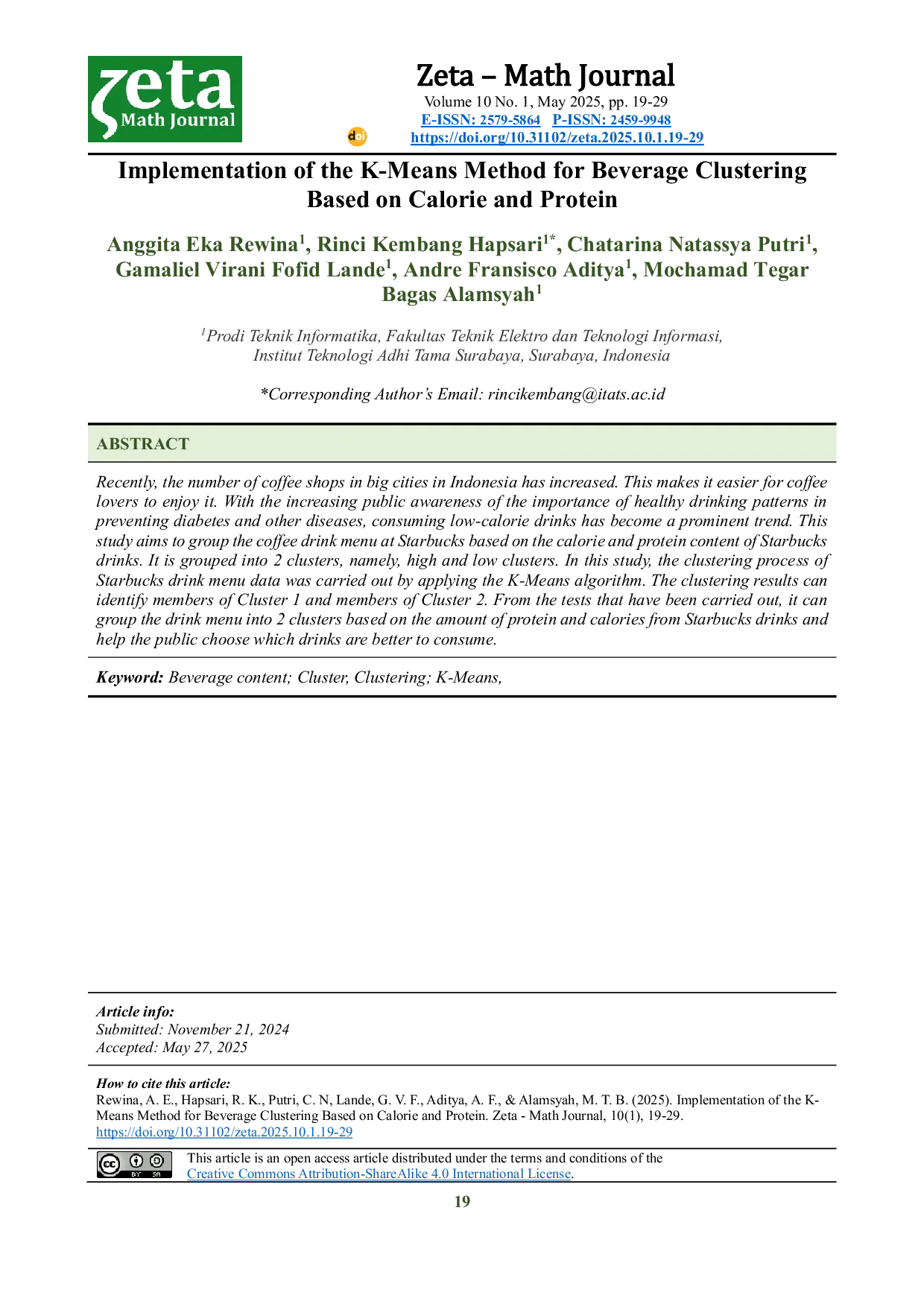 JURIS Implementation of the K Means Method for Beverage Clustering Based on Calorie and Protein