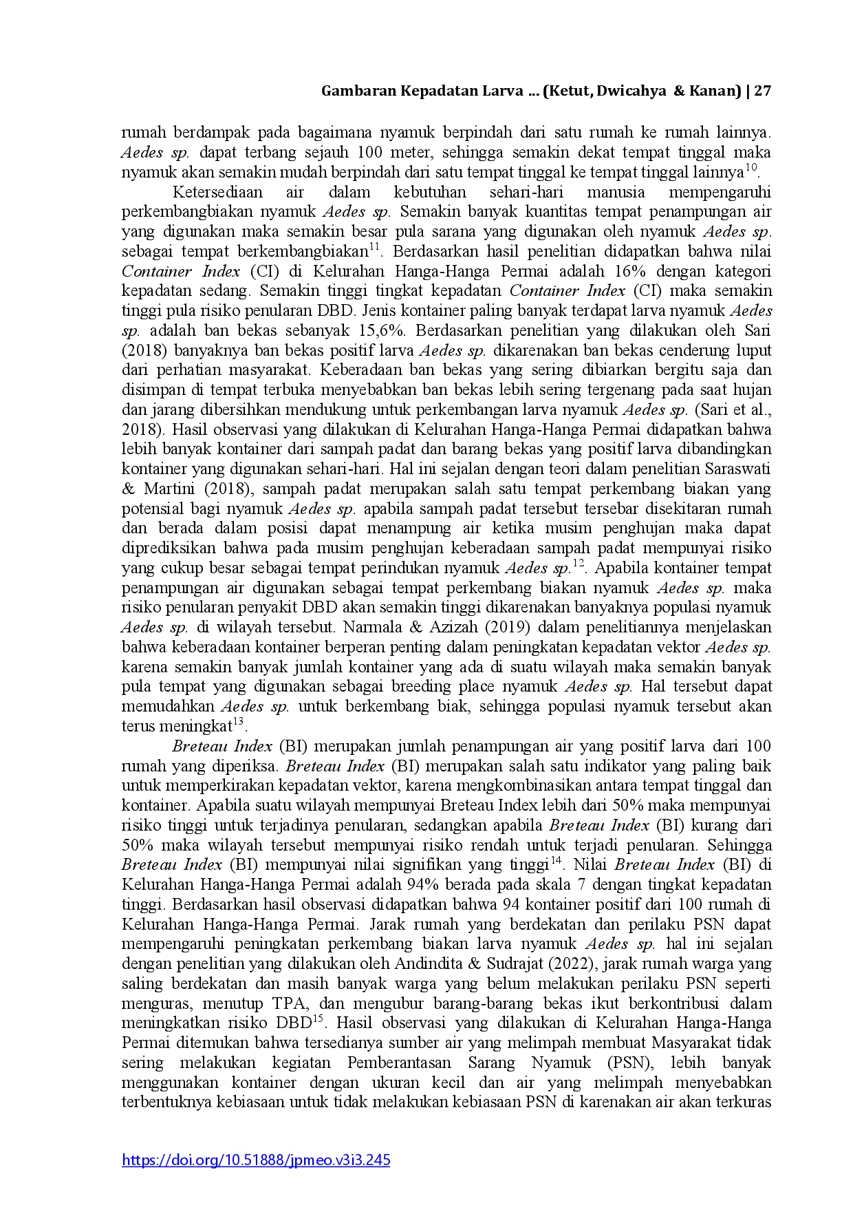 juris Gambaran Kepadatan Larva Aedes sp di Kelurahan Hanga hanga Permai