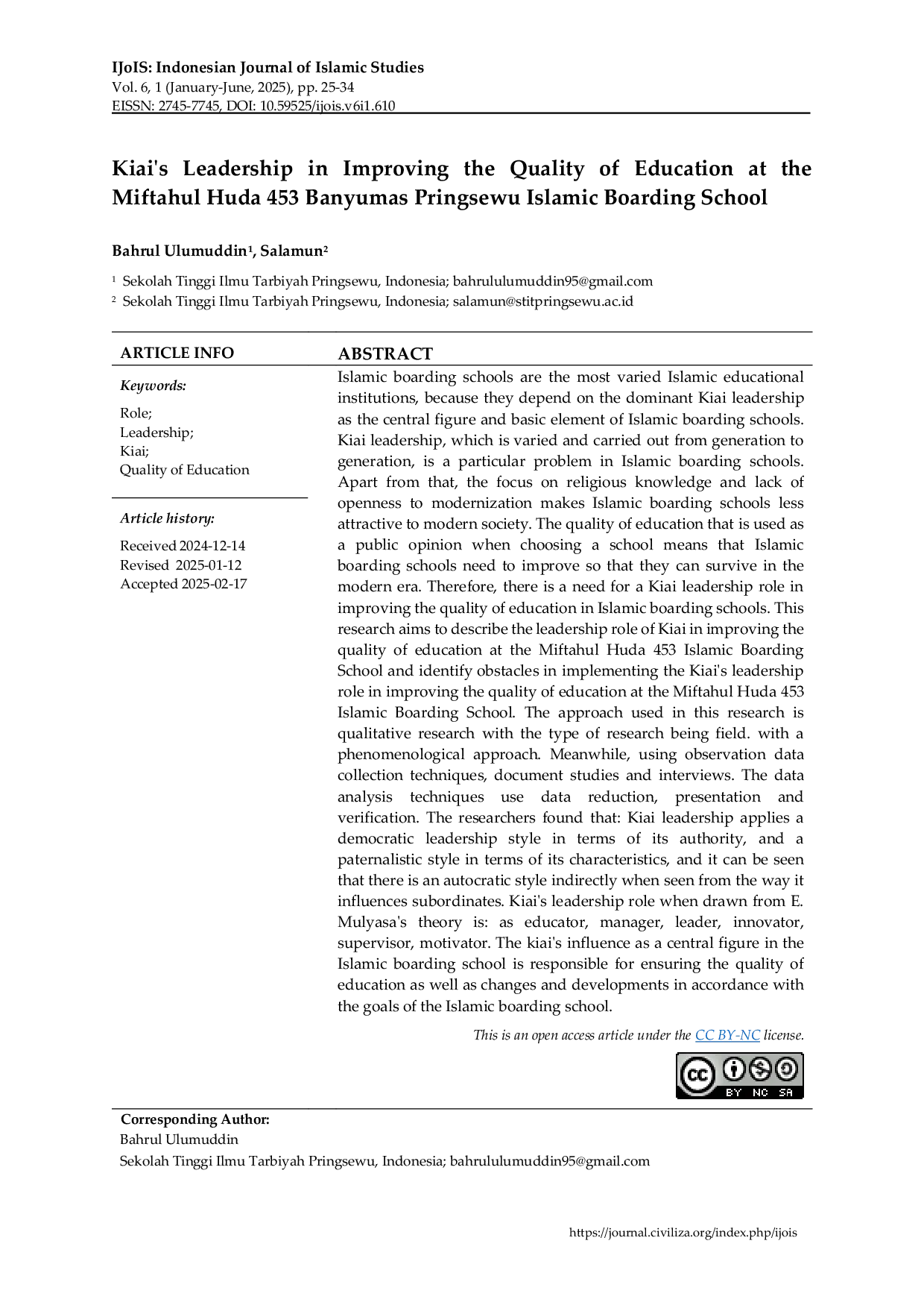 JURIS Kiai s Leadership in Improving the Quality of Education at the Miftahul Huda 453 Banyumas Pringsewu Islamic Boarding School