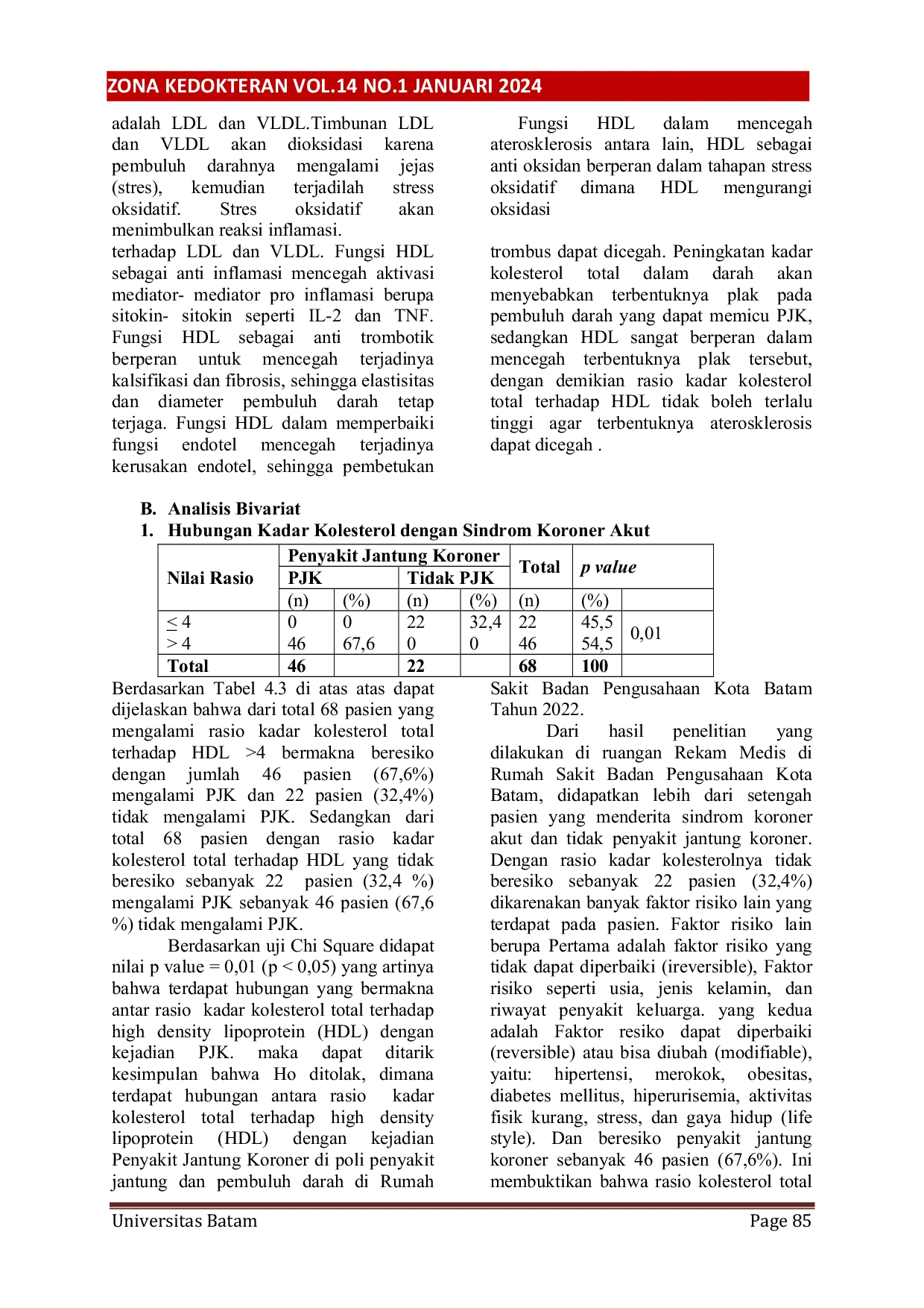 JURIS Hubungan Rasio Kadar Kolesterol Total Terhadap HDL Dengan Kejadian Penyakit Jantung Koroner Di Rumah Sakit Badan Pengusahaan Batam
