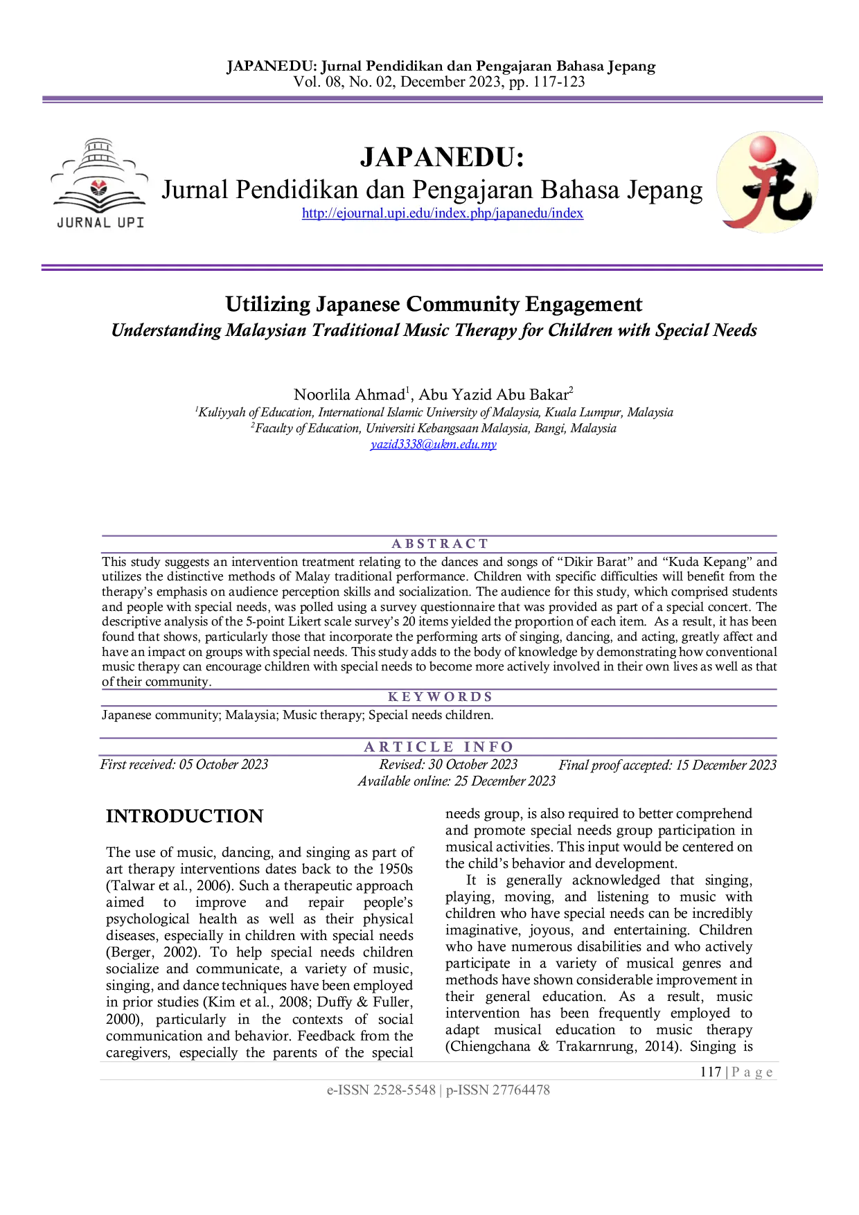 JURIS Utilizing Japanese Community Engagement Understanding Malaysian Traditional Music Therapy for Children with Special Needs