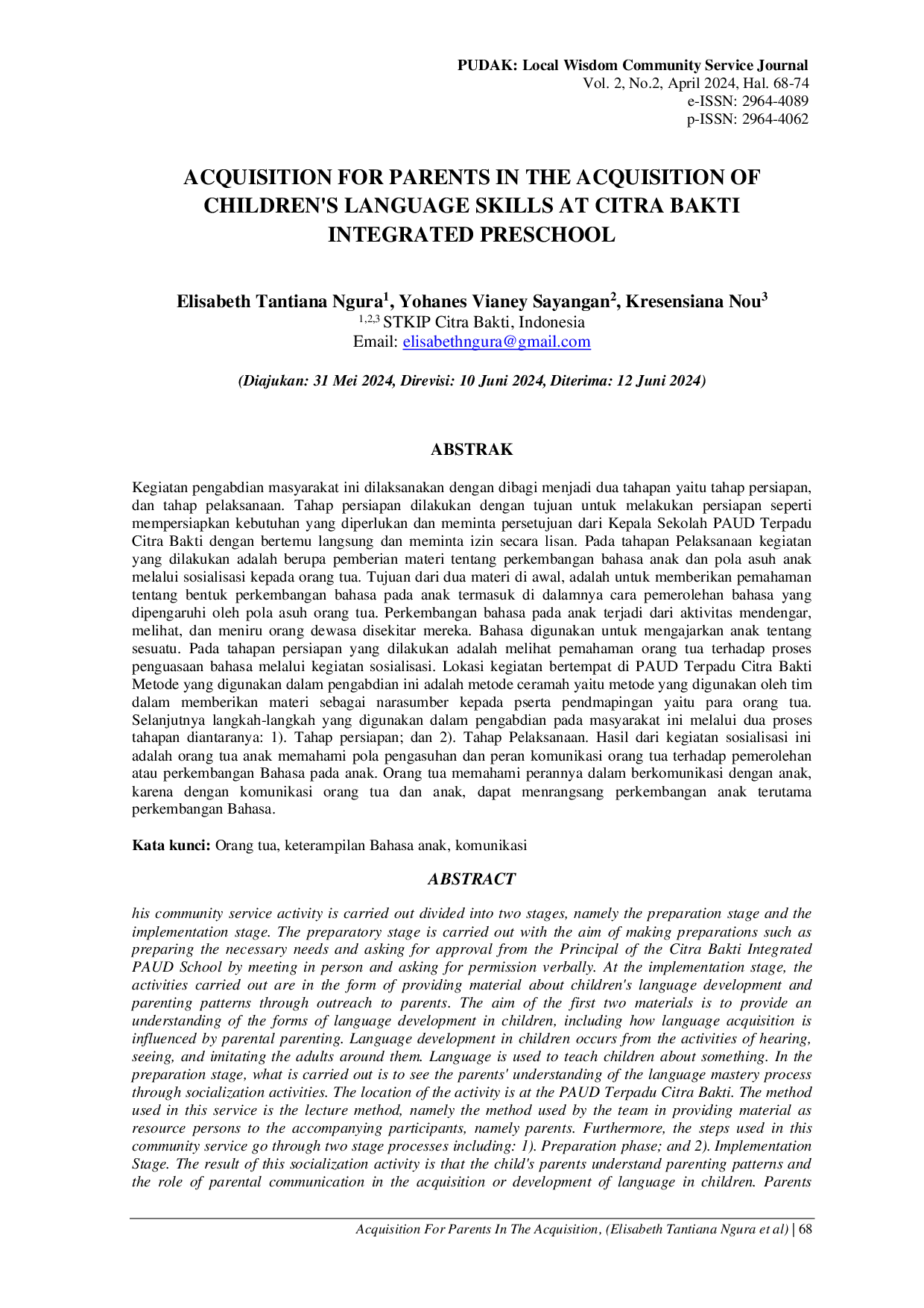 JURIS Acquisition For Parents In The Acquisition Of Children s Language Skills At Citra Bakti Integrated Preschool