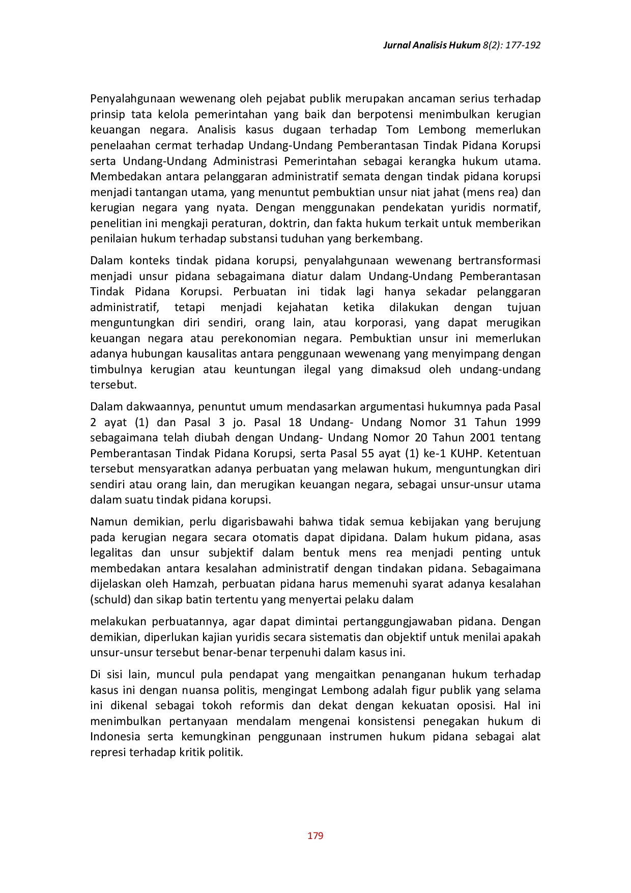 JURIS Analisis Unsur Perbuatan Pidana Dalam Kasus Korupsi Impor Gula Mantan Menteri Perdagangan Thomas Trikasih Lembong