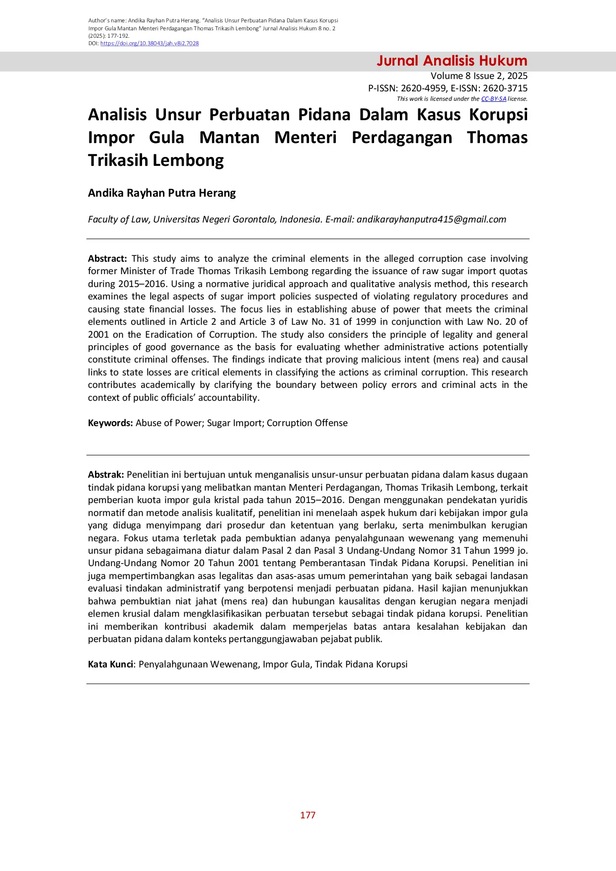 JURIS Analisis Unsur Perbuatan Pidana Dalam Kasus Korupsi Impor Gula Mantan Menteri Perdagangan Thomas Trikasih Lembong