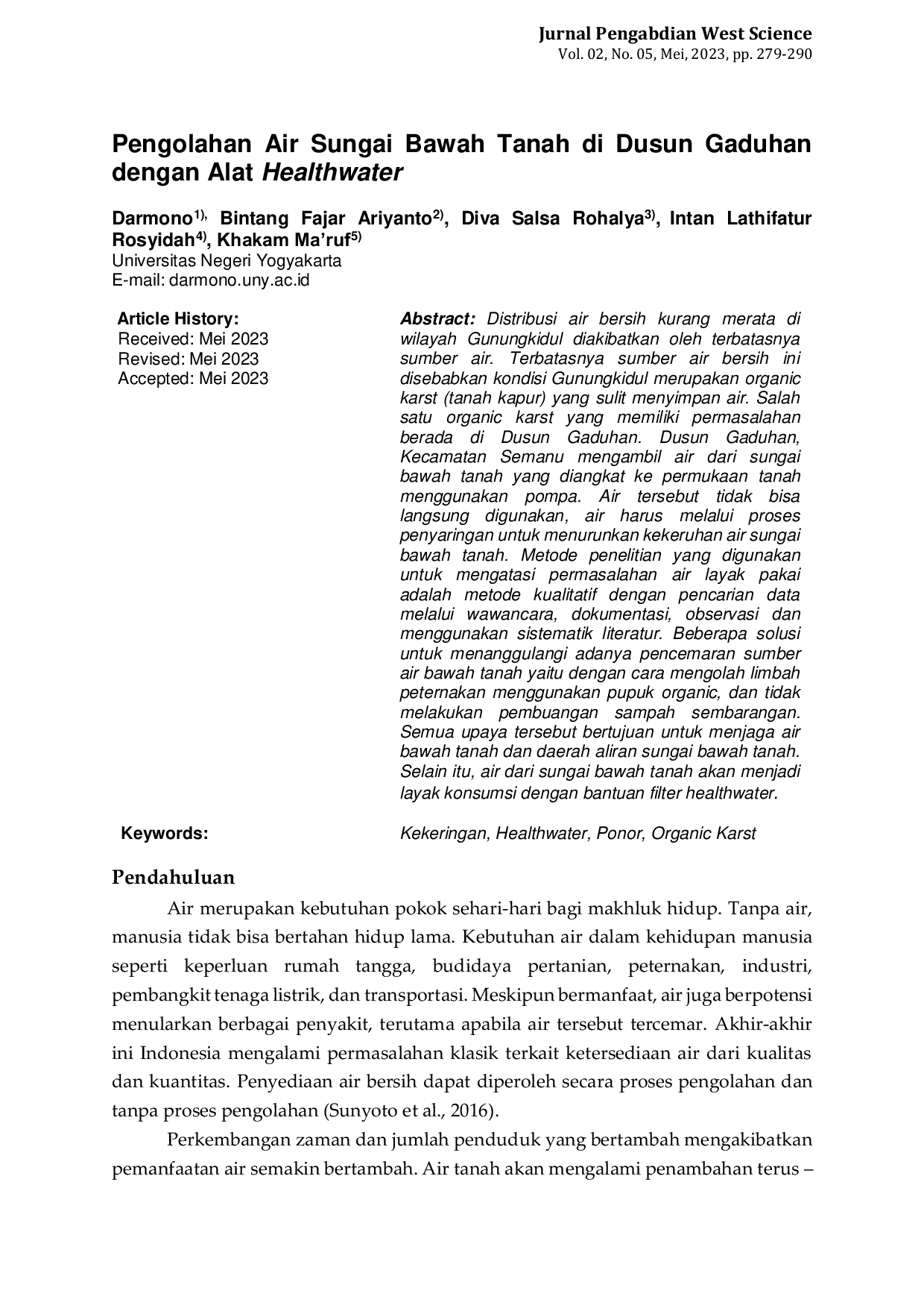 JURIS Pengolahan Air Sungai Bawah Tanah di Dusun Gaduhan dengan Alat Healthwater