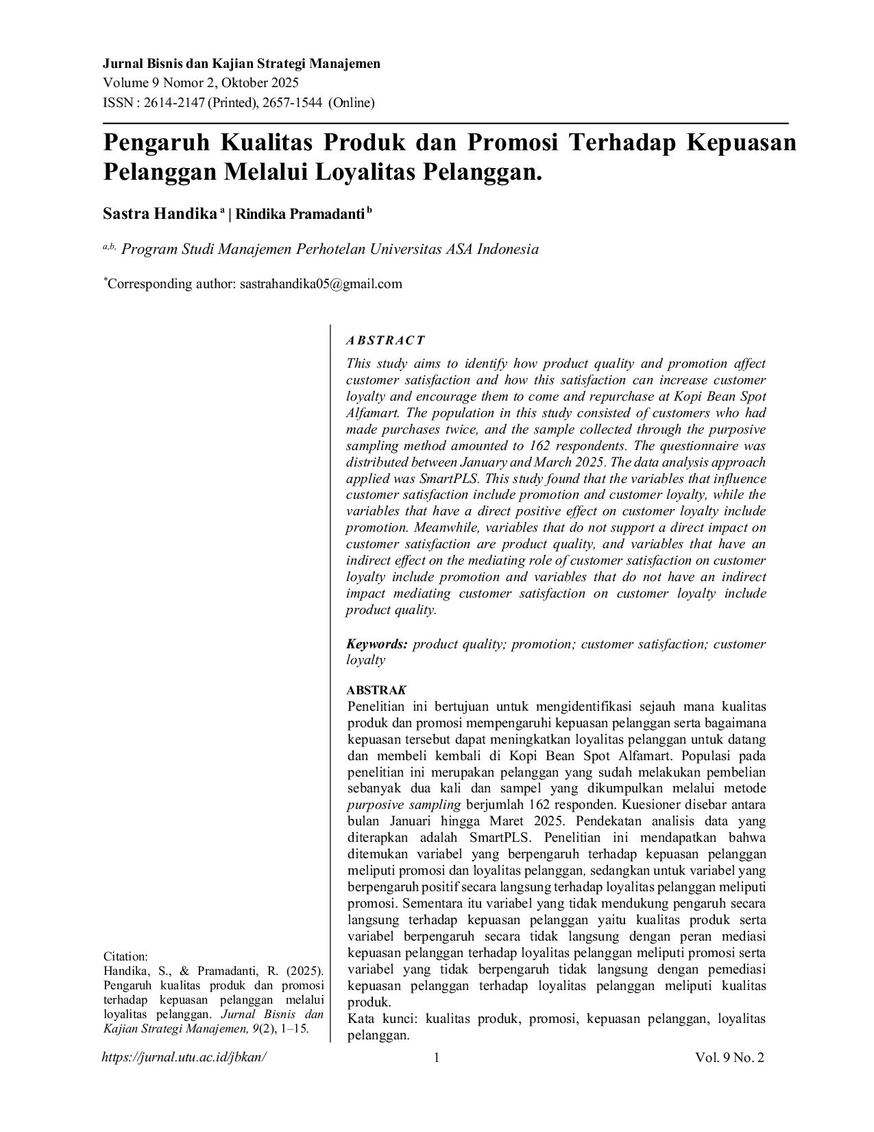 JURIS Pengaruh Kualitas Produk dan Promosi Terhadap Kepuasan Pelanggan Melalui Loyalitas Pelanggan