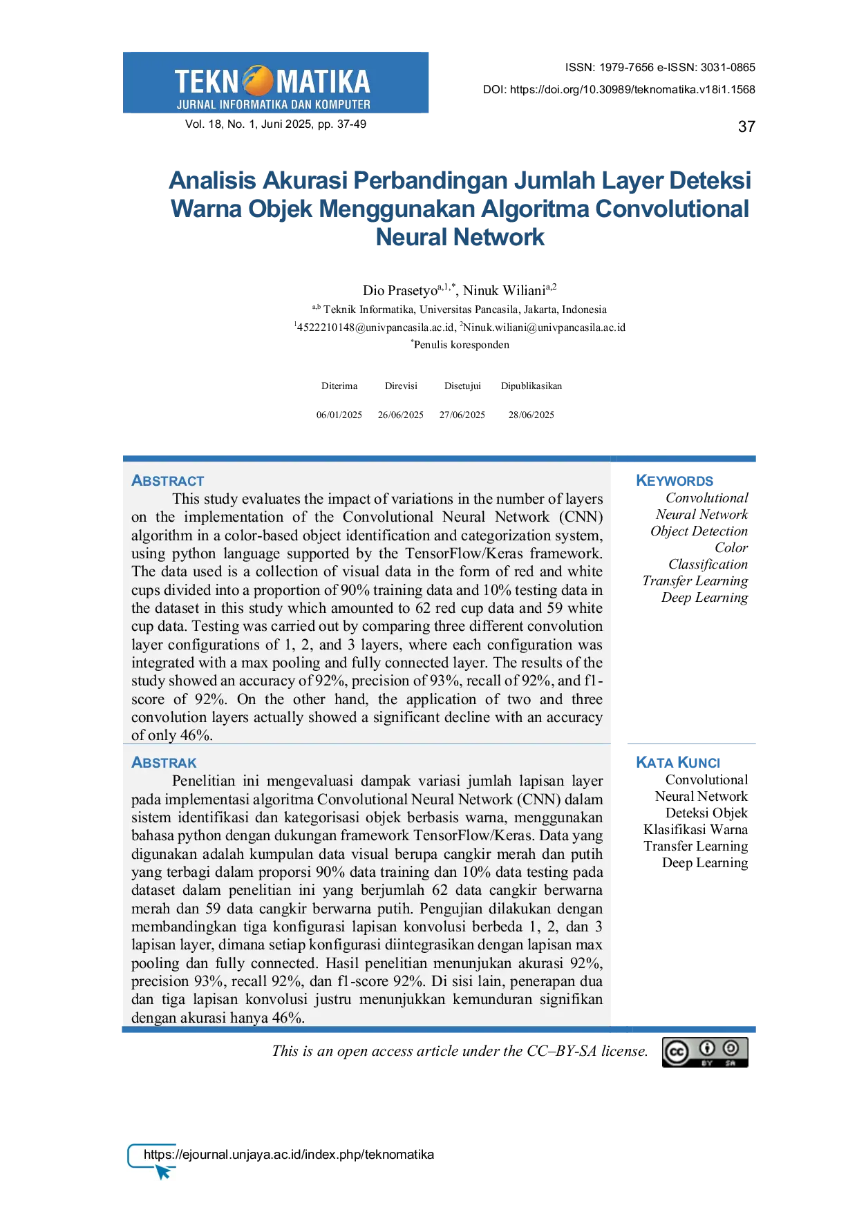 JURIS Analisis Akurasi Perbandingan Jumlah Layer Deteksi Warna Objek Menggunakan Algoritma Convolutional Neural Network