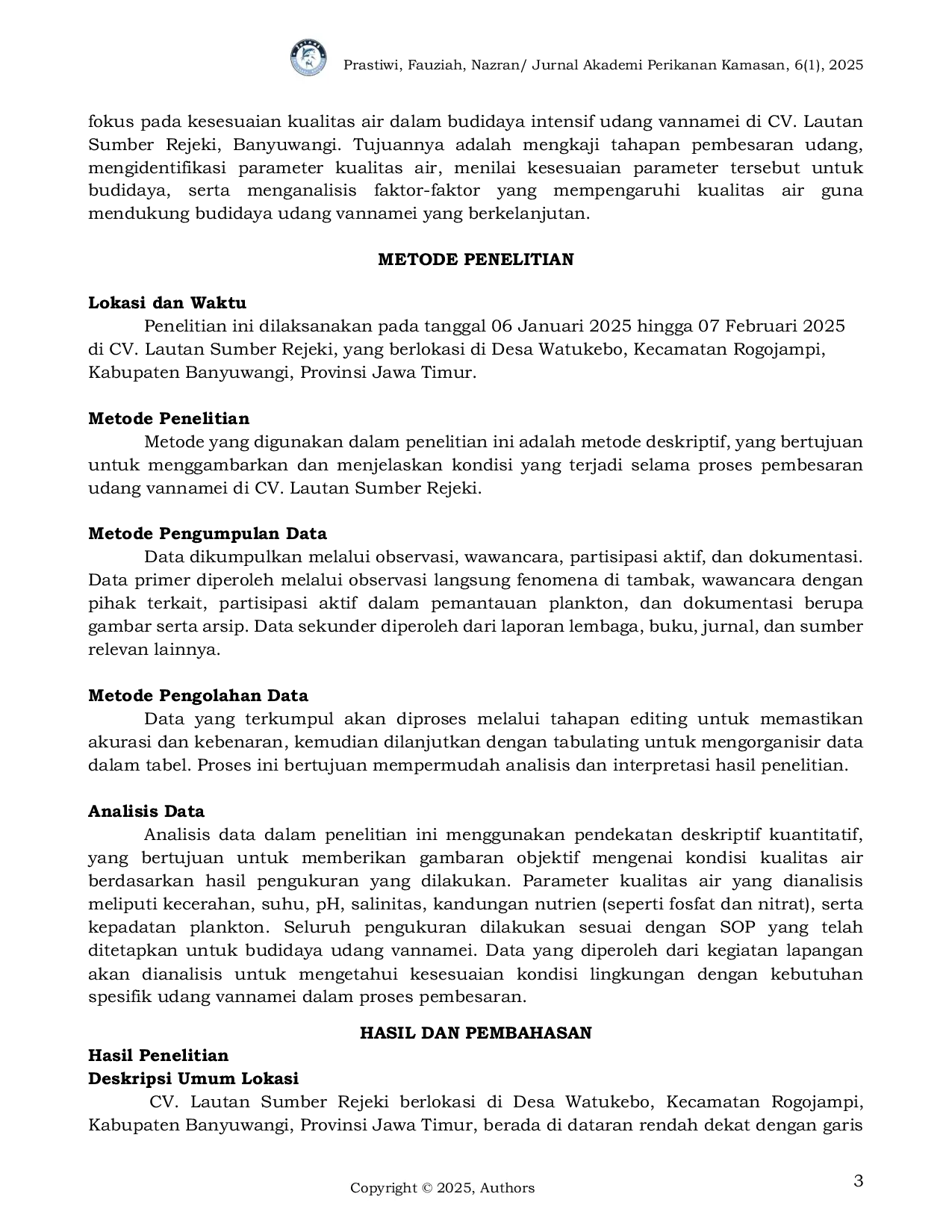 JURIS Kesesuaian Kualitas Air pada Tambak Udang Vannamei Litopenaeus vannamei Sistem Intensif di CV Lautan Sumber Rejeki Kabupaten Banyuwangi Provinsi Jawa Timur