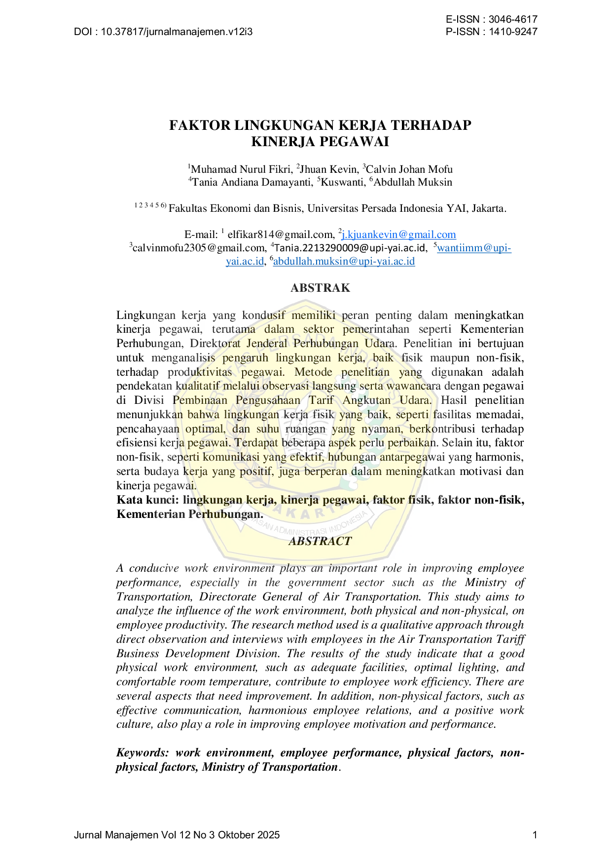 JURIS Faktor Lingkungan Kerja Terhadap Kinerja Pegawai