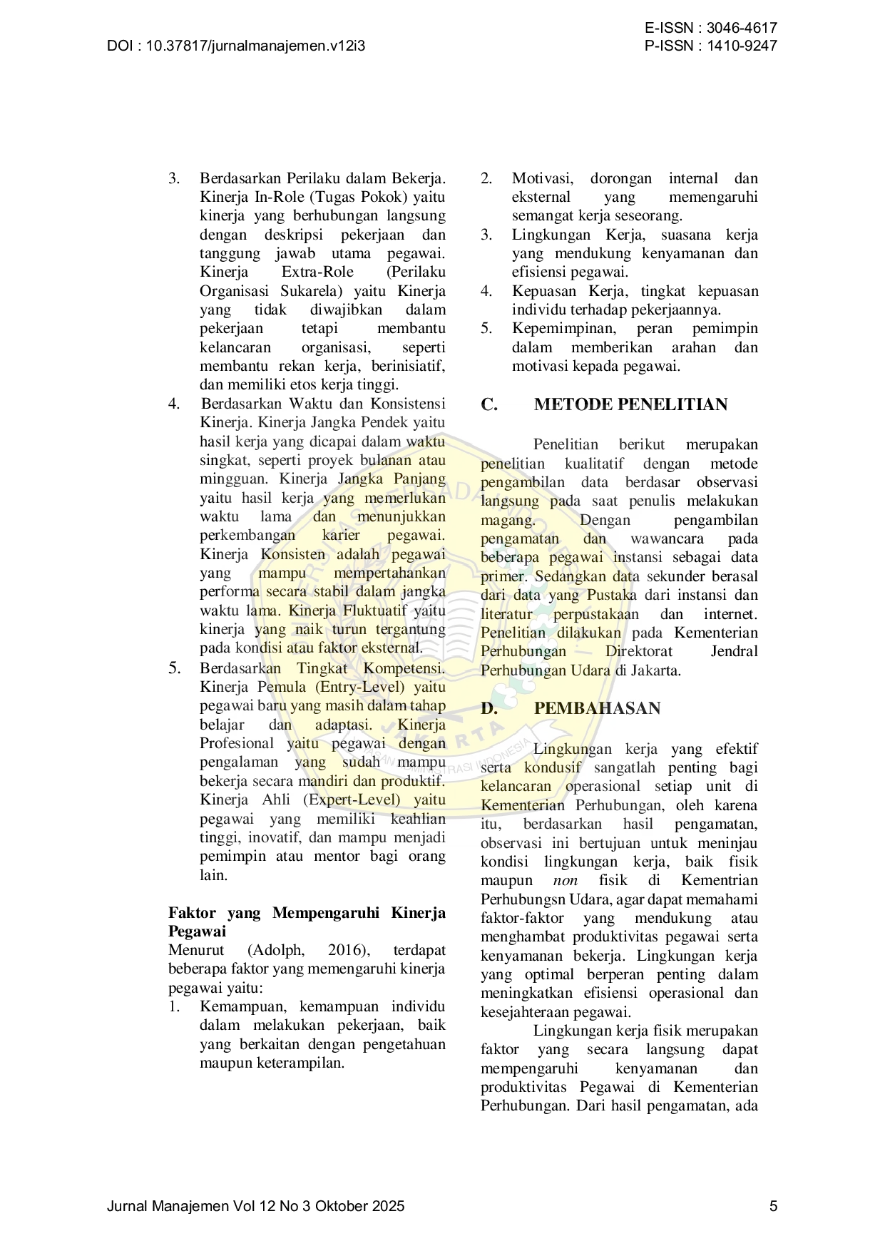 JURIS Faktor Lingkungan Kerja Terhadap Kinerja Pegawai