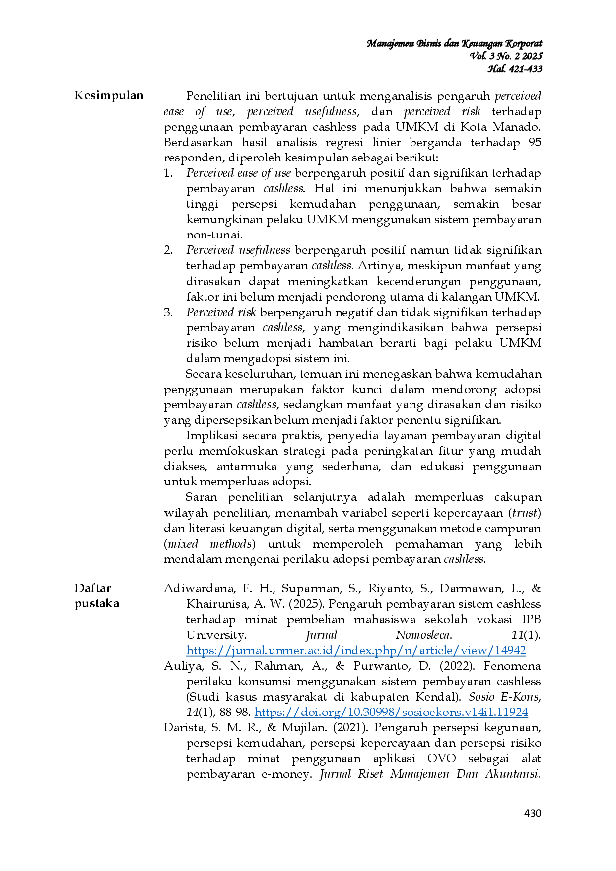 JURIS Pengaruh Perceived Ease Of Use Perceived Usefulness Dan Perceived Risk Terhadap Pembayaran Cashless Pada Umkm Di Kota Manado