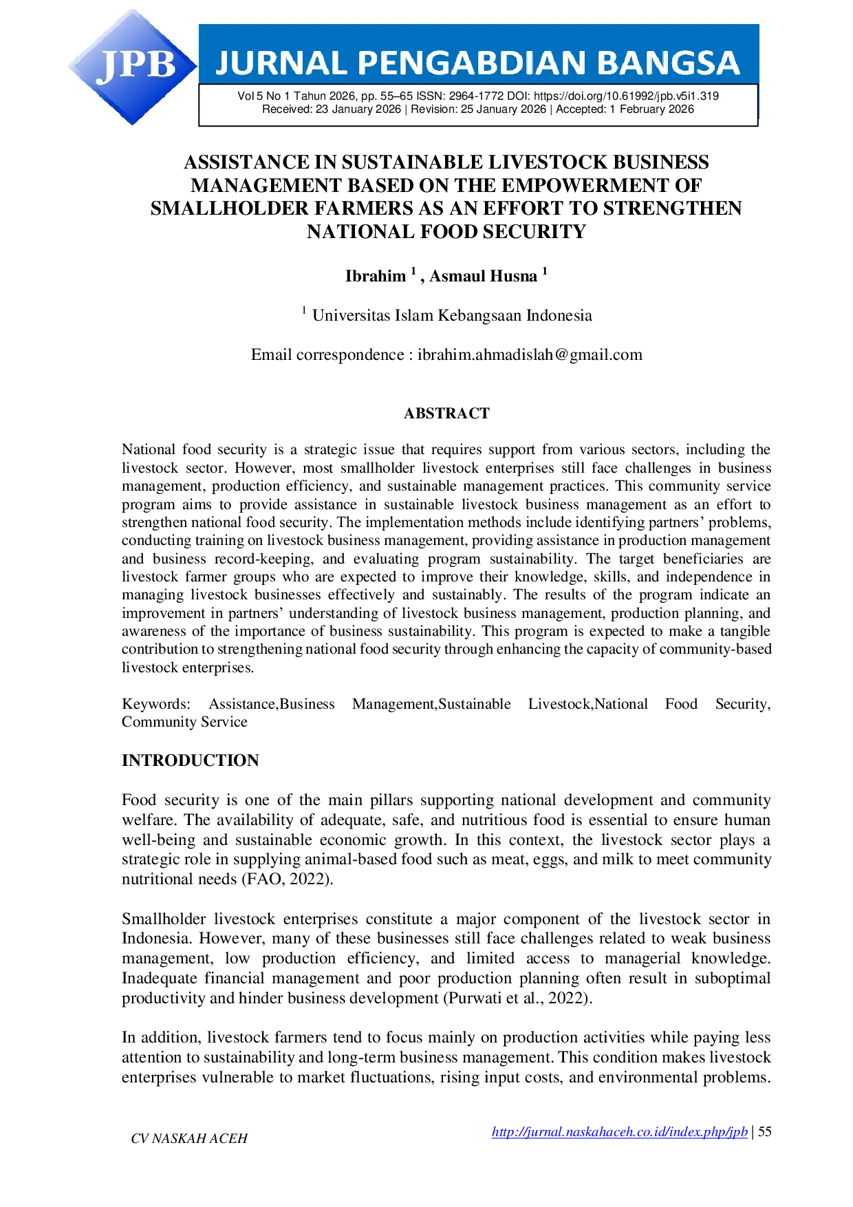 JURIS Assistance in Sustainable Livestock Business Management Based on the Empowerment of Smallholder Farmers as an Effort to Strengthen National Food Security
