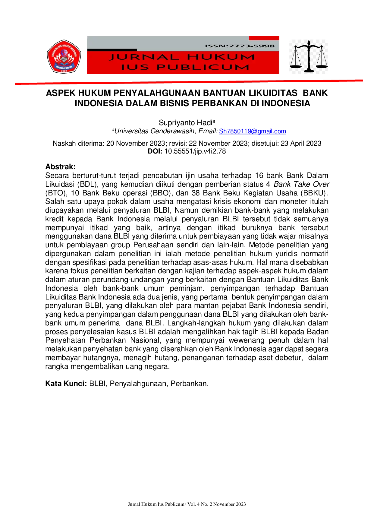 JURIS Aspek Hukum Penyalahgunaan Bantuan Likuiditas Bank Indonesia dalam Bisnis Perbankan di Indonesia