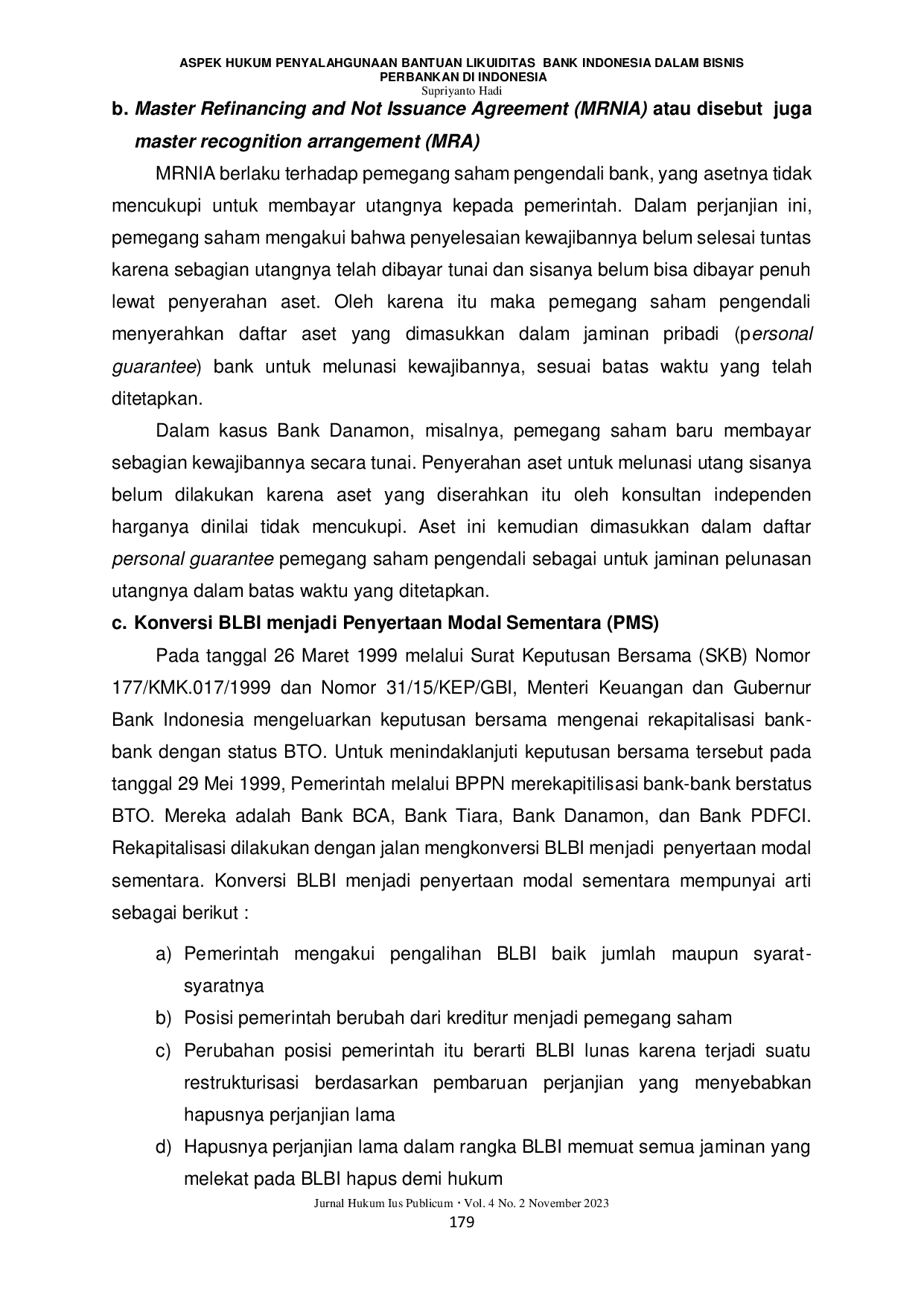 JURIS Aspek Hukum Penyalahgunaan Bantuan Likuiditas Bank Indonesia dalam Bisnis Perbankan di Indonesia