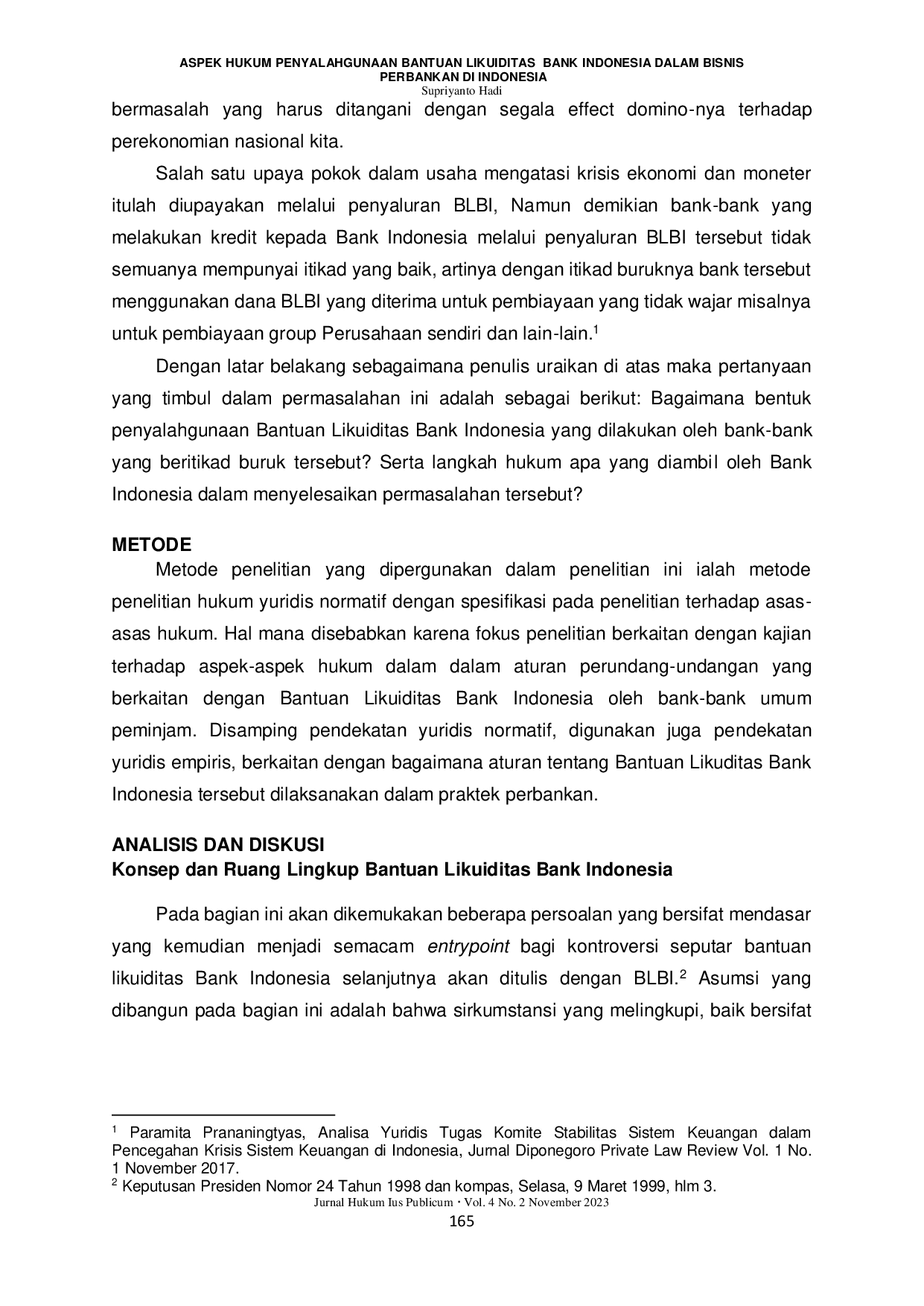 JURIS Aspek Hukum Penyalahgunaan Bantuan Likuiditas Bank Indonesia dalam Bisnis Perbankan di Indonesia