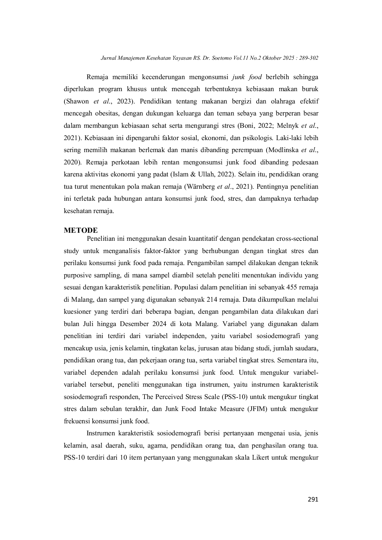 JURIS Determinan Stres Dan Pola Konsumsi Junk Food Pada Remaja Studi Faktor Sosial Ekonomi Dan Psikologis