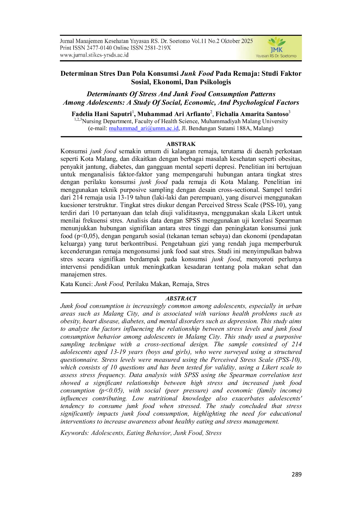 JURIS Determinan Stres Dan Pola Konsumsi Junk Food Pada Remaja Studi Faktor Sosial Ekonomi Dan Psikologis