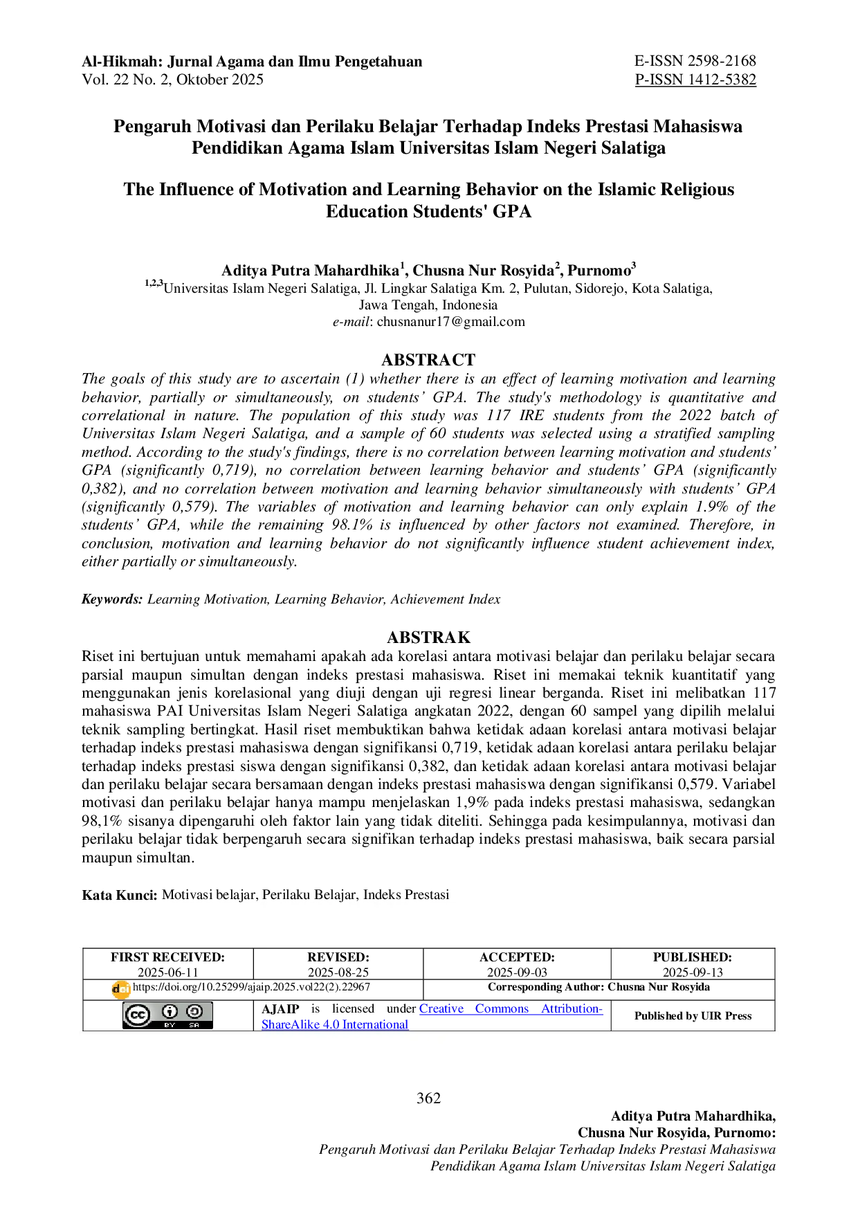 JURIS Pengaruh Motivasi dan Perilaku Belajar Terhadap Indeks Prestasi Mahasiswa Pendidikan Agama Islam Universitas Islam Negeri Salatiga