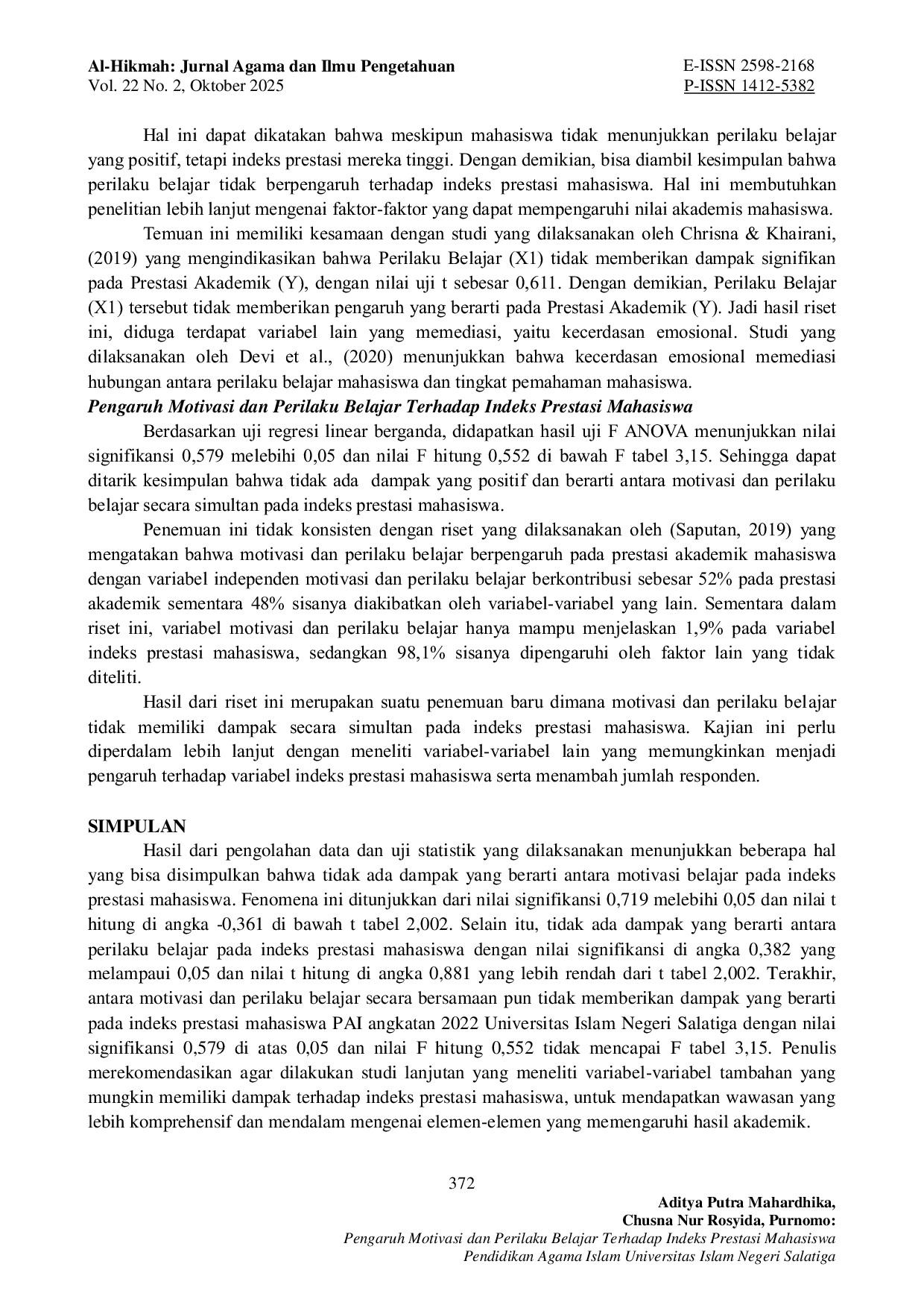 JURIS Pengaruh Motivasi dan Perilaku Belajar Terhadap Indeks Prestasi Mahasiswa Pendidikan Agama Islam Universitas Islam Negeri Salatiga