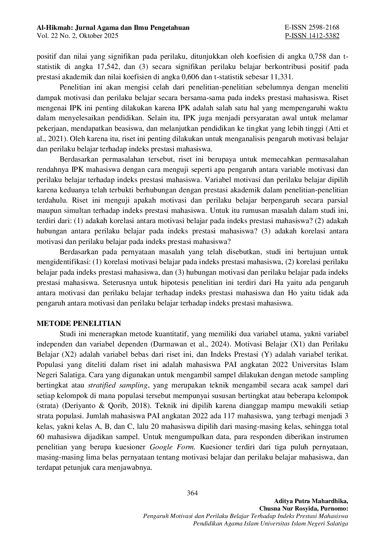 JURIS Pengaruh Motivasi dan Perilaku Belajar Terhadap Indeks Prestasi Mahasiswa Pendidikan Agama Islam Universitas Islam Negeri Salatiga