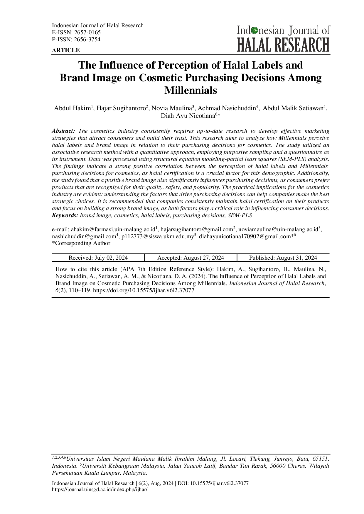 JURIS The Influence of Perception of Halal Labels and Brand Image on Cosmetic Purchasing Decisions Among Millennials