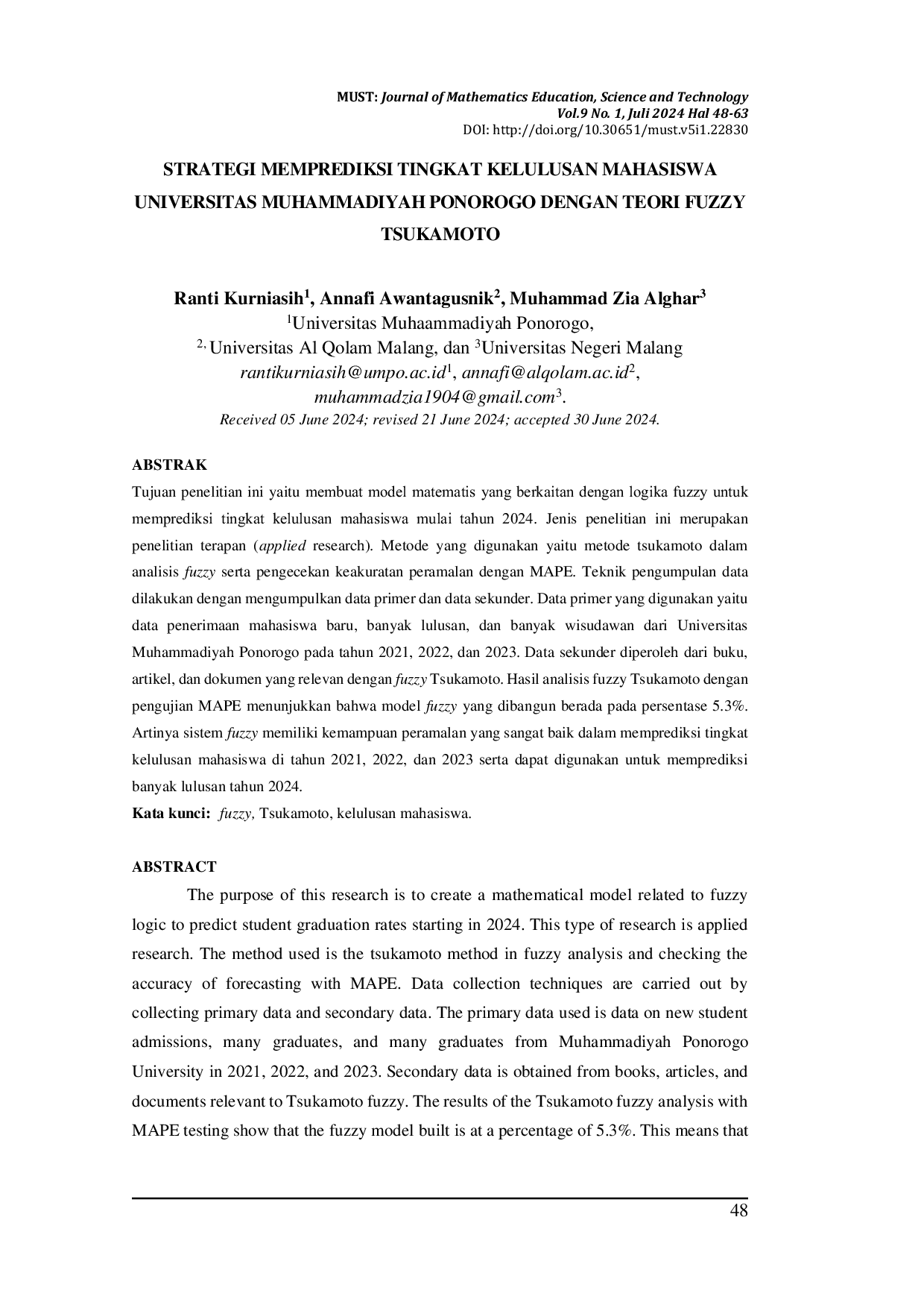 JURIS Strategi Memprediksi Tingkat Kelulusan Mahasiswa Universitas Muhammadiyah Ponorogo Dengan Teori Fuzzy Tsukamoto