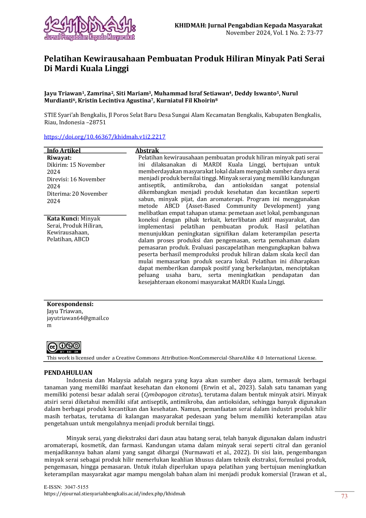 JURIS Pelatihan Kewirausahaan Pembuatan Produk Hiliran Minyak Pati Serai Di MARDI Kuala Linggi