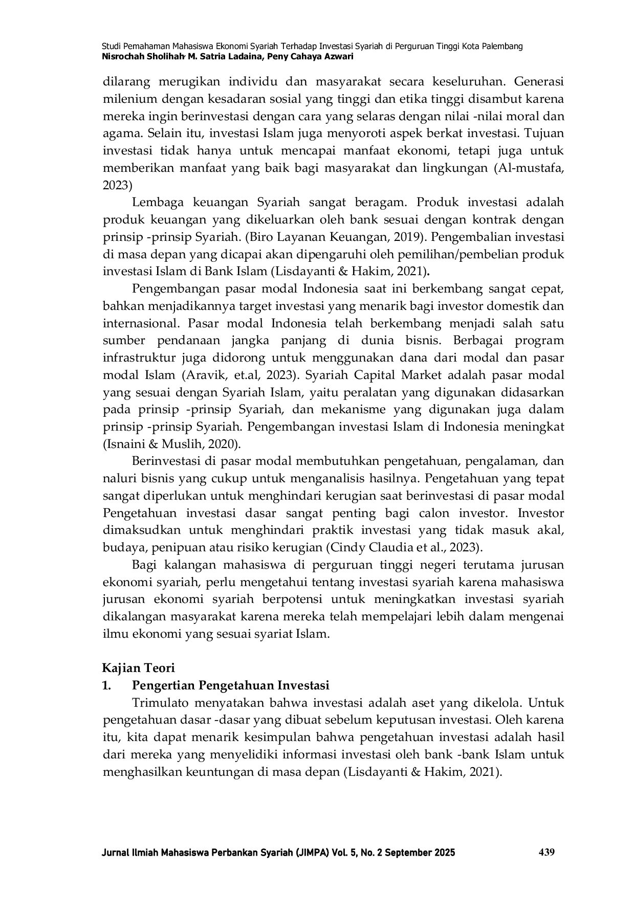 JURIS Studi Pemahaman Mahasiswa Ekonomi Syariah Terhadap Investasi Syariah di Perguruan Tinggi Kota Palembang