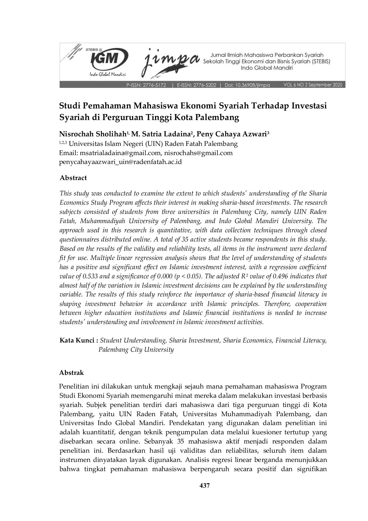 JURIS Studi Pemahaman Mahasiswa Ekonomi Syariah Terhadap Investasi Syariah di Perguruan Tinggi Kota Palembang