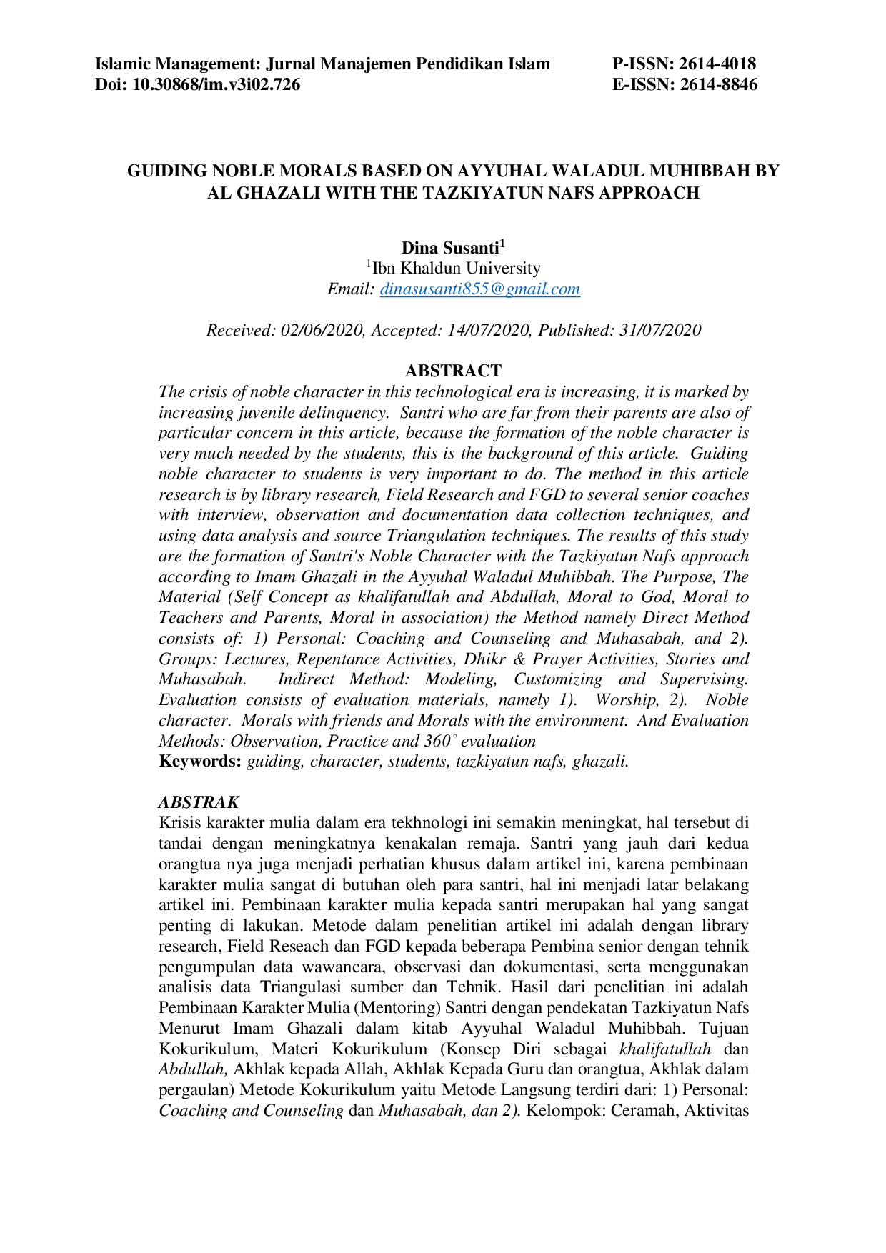 JURIS Guiding Noble Morals Based on Ayyuhal Waladul Muhibbah by Al Ghazali With the Tazkiyatun Nafs Approach