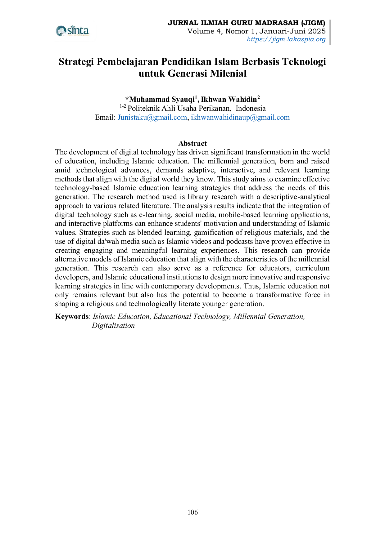 JURIS Strategi Pembelajaran Pendidikan Islam Berbasis Teknologi untuk Generasi Milenial