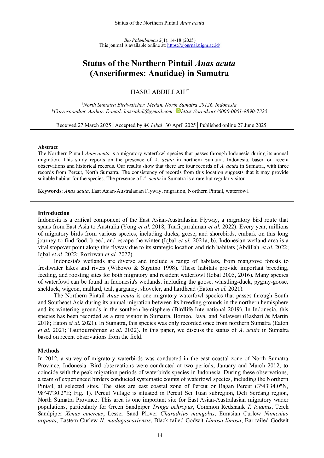 JURIS Status of the Northern Pintail Anas acuta Anseriformes Anatidae in Sumatra