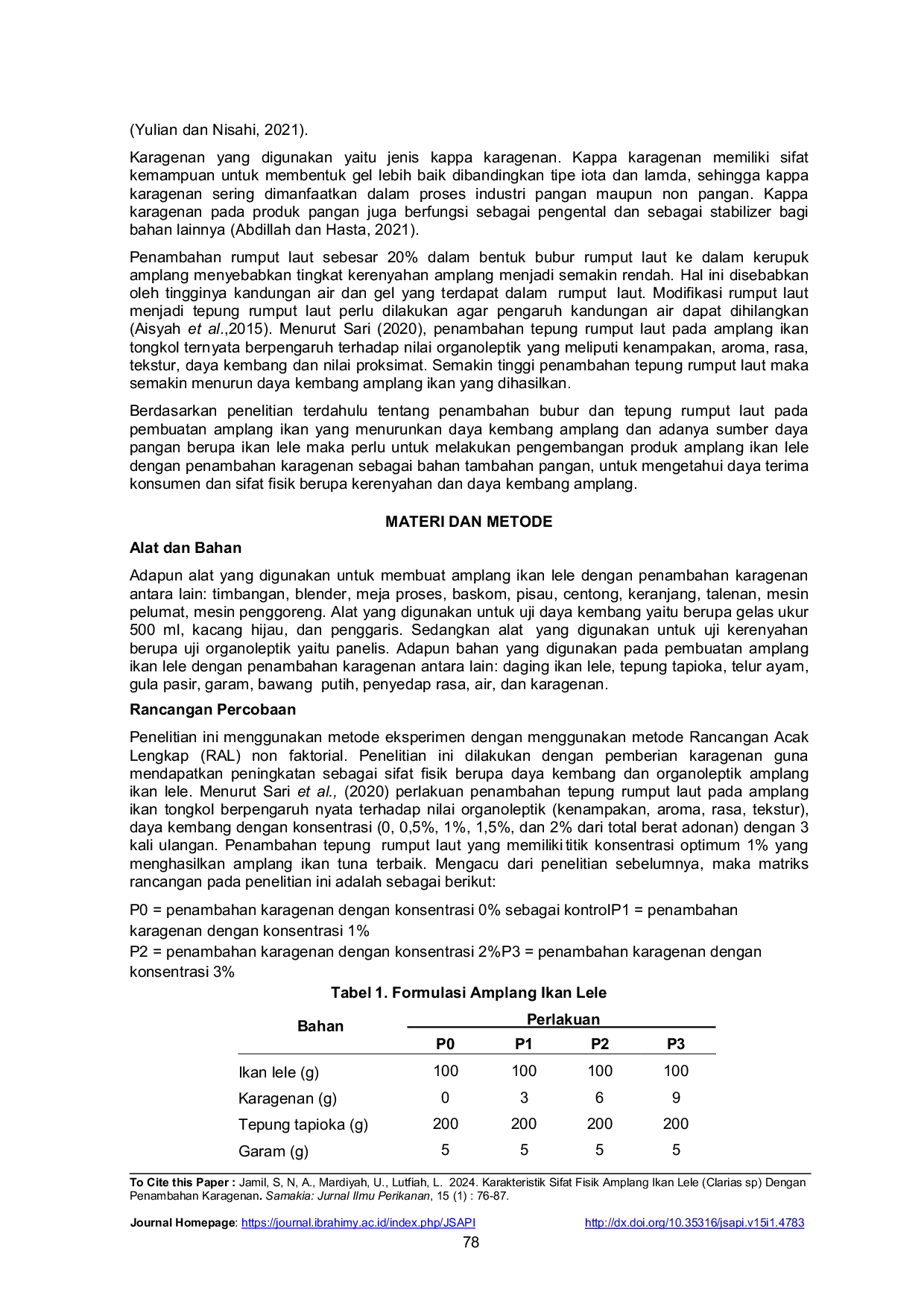 JURIS Karakteristik Sifat Fisik Amplang Ikan Lele Clarias sp Dengan Penambahan Karagenan