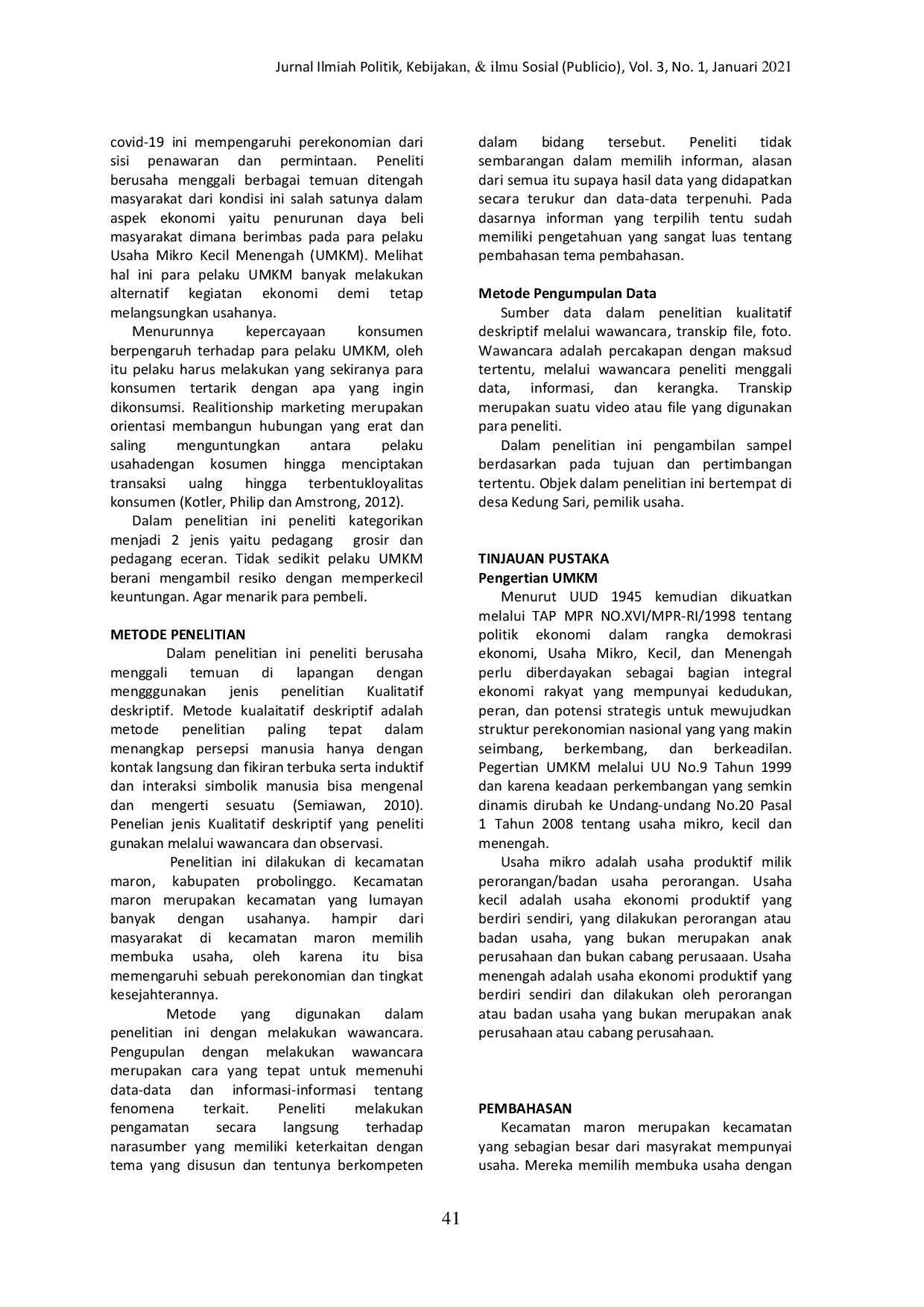 JURIS Adaptasi Usaha Mikro Kecil Menengah UMKM Di Masa Pandemi Covid 19