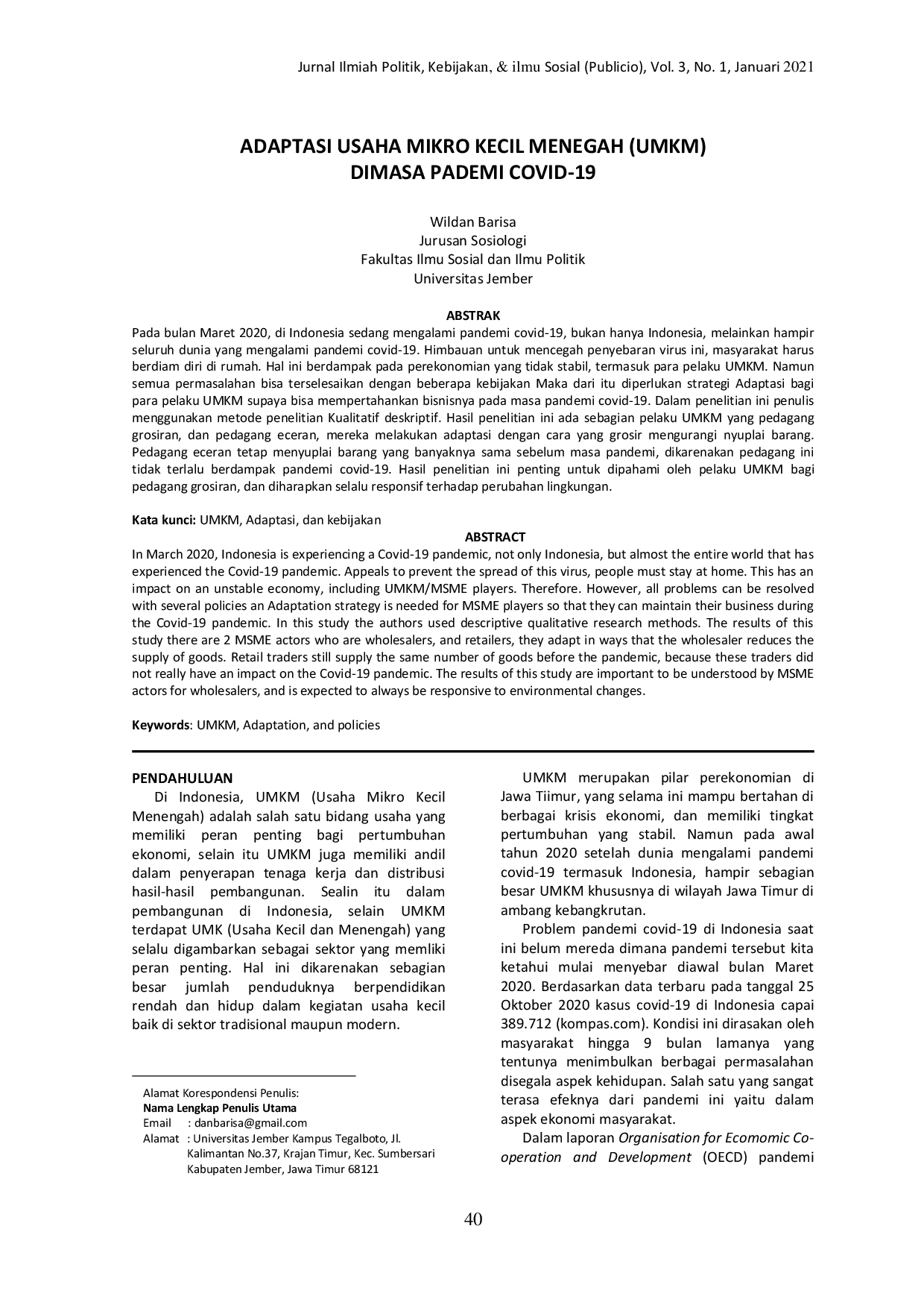 JURIS Adaptasi Usaha Mikro Kecil Menengah UMKM Di Masa Pandemi Covid 19