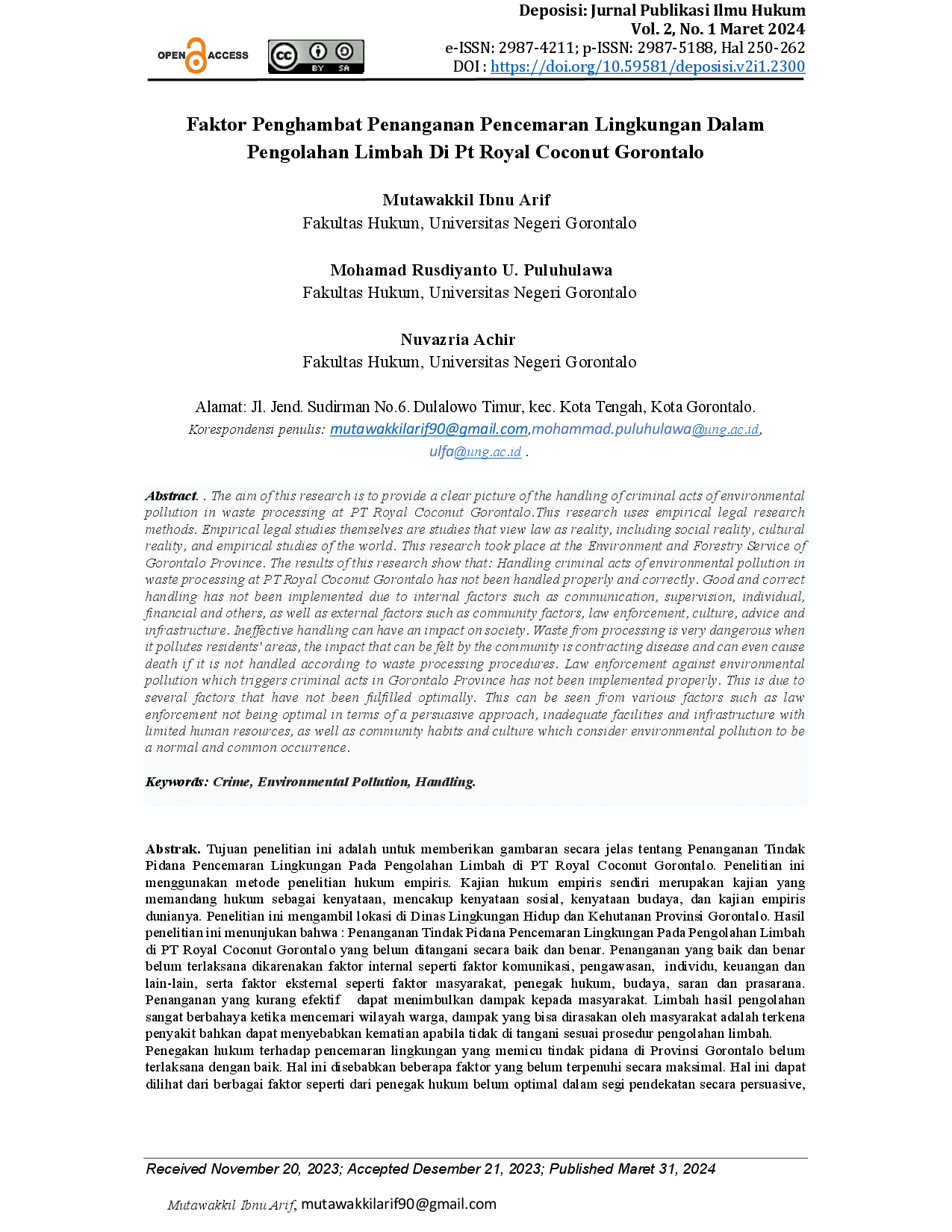 juris Faktor Penghambat Penanganan Pencemaran Lingkungan Dalam Pengolahan Limbah Di Pt Royal Coconut Gorontalo