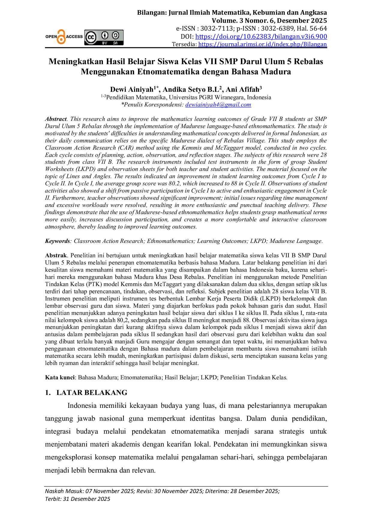 JURIS Meningkatkan Hasil Belajar Siswa Kelas VII SMP Darul Ulum 5 Rebalas Menggunakan Etnomatematika dengan Bahasa Madura