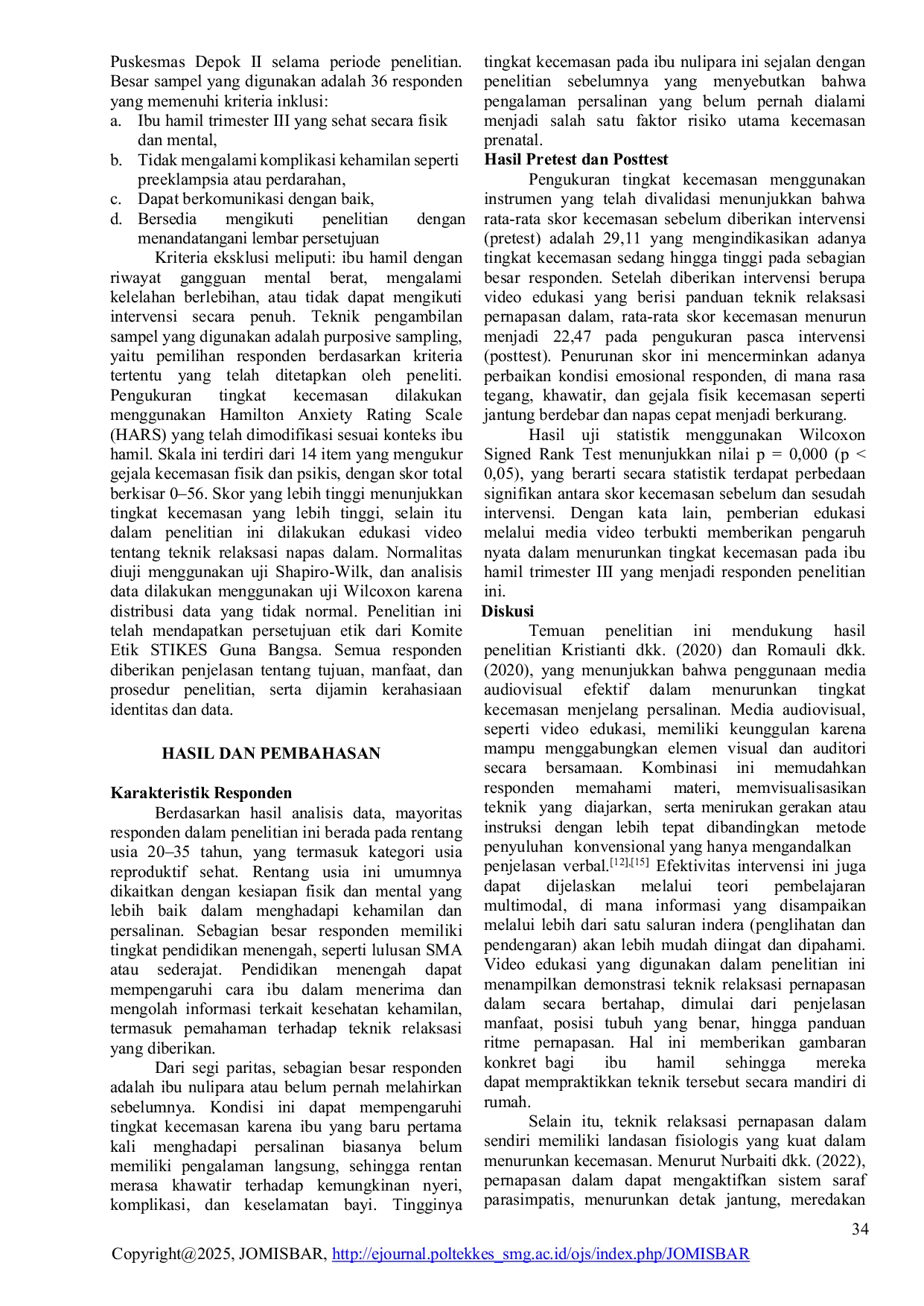 JURIS Pengaruh Edukasi Berbasis Video Tentang Relaksasi Nafas dalam Terhadap Kecemasan Menghadapi Persalinan Pada Ibu Hamil Trimester III Di Puskesmaas Depok II