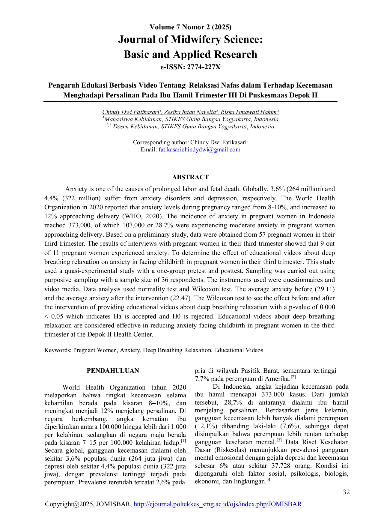 JURIS Pengaruh Edukasi Berbasis Video Tentang Relaksasi Nafas dalam Terhadap Kecemasan Menghadapi Persalinan Pada Ibu Hamil Trimester III Di Puskesmaas Depok II