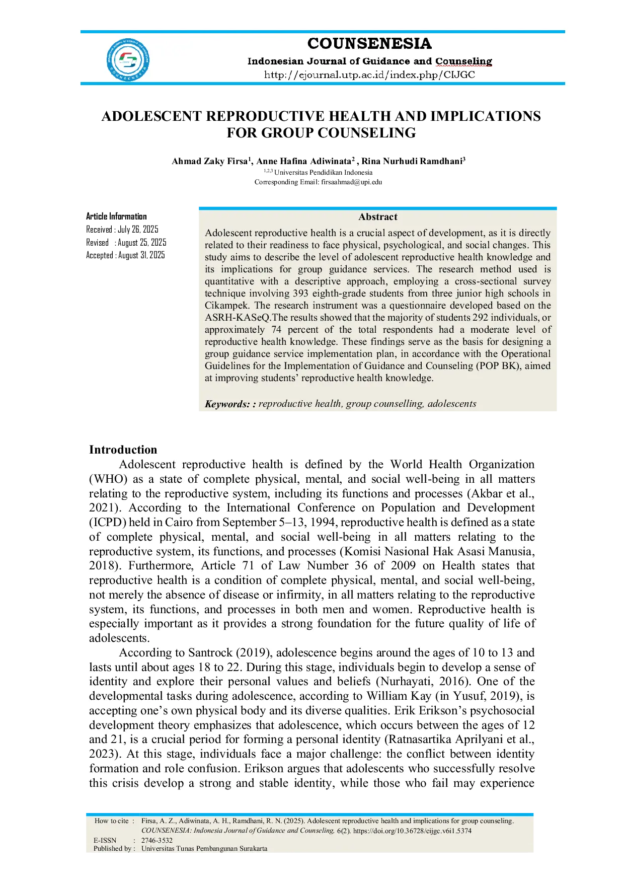 JURIS Adolescent Reproductive Health and Implications for Group Counseling