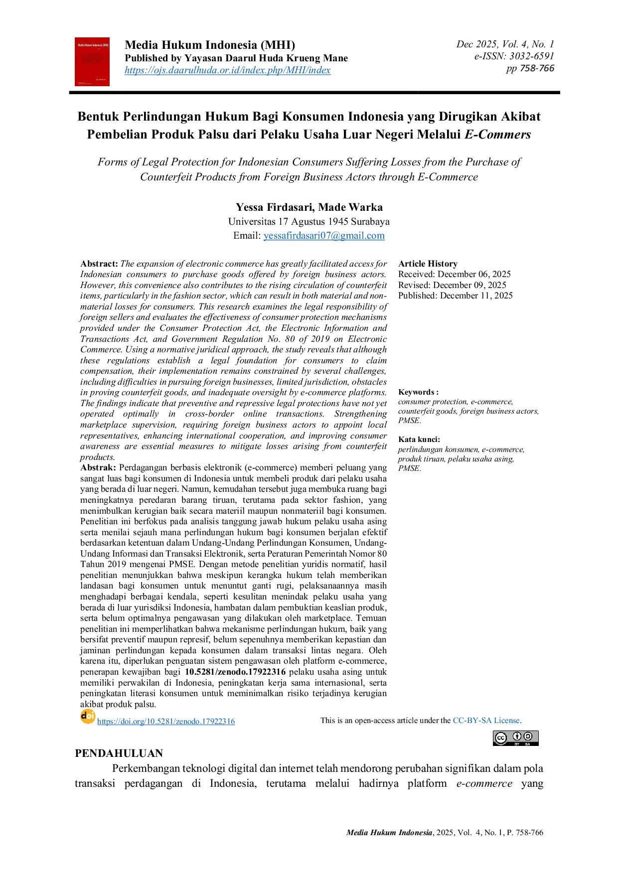 JURIS Bentuk Perlindungan Hukum Bagi Konsumen Indonesia yang Dirugikan Akibat Pembelian Produk Palsu dari Pelaku Usaha Luar Negeri Melalui E Commers