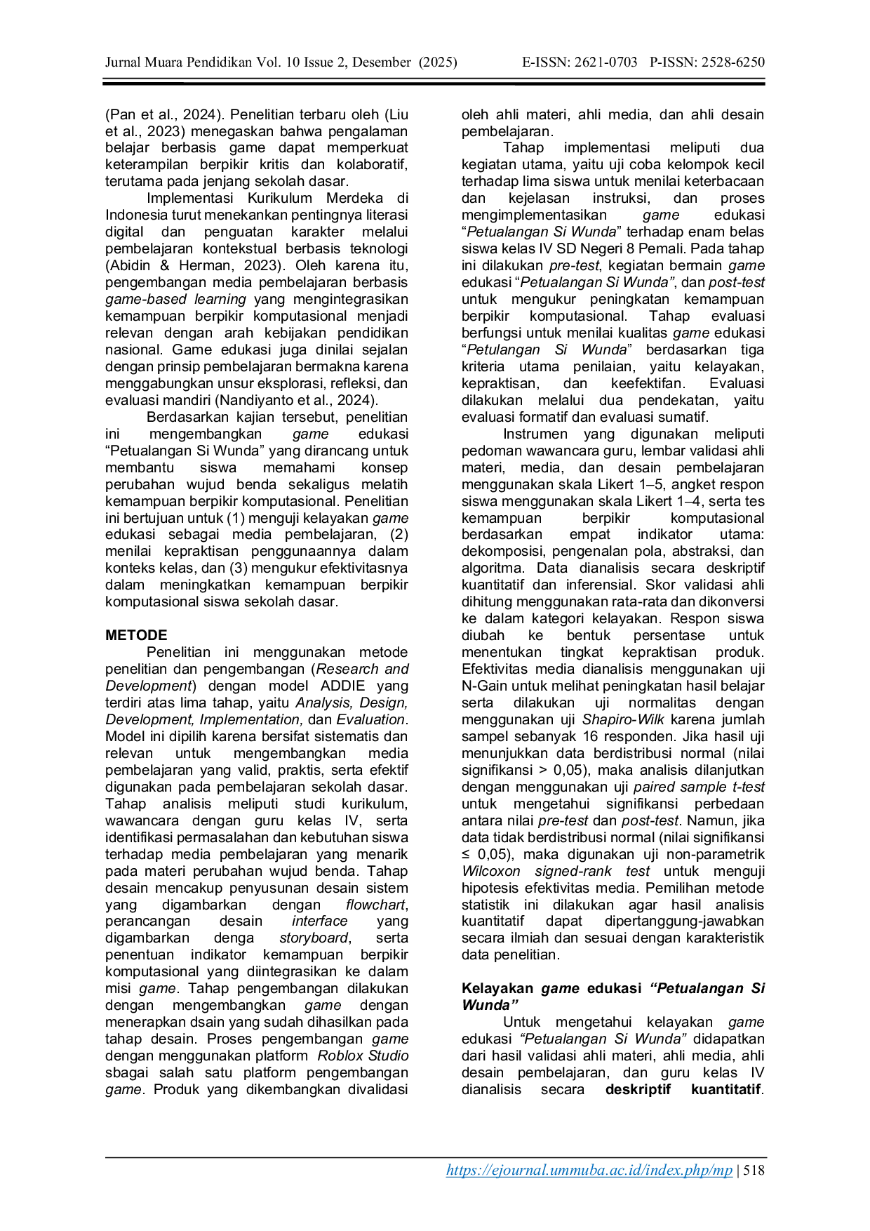 JURIS Pengembangan Game Edukasi Petualangan Si Wunda untuk Meningkatkan Kemampuan Berpikir Komputasional Computational Thinking Siswa Kelas IV SD