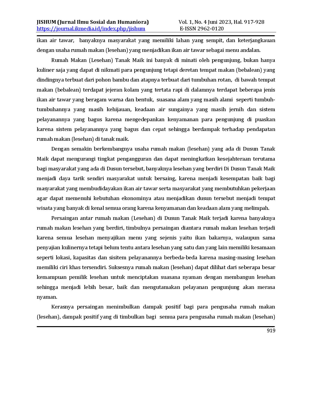 juris Persepsi Pengunjung Terhadap Pendapatan Rumah Makan di Tanak Maik Masbagik Pasca Pandemi Covid 19