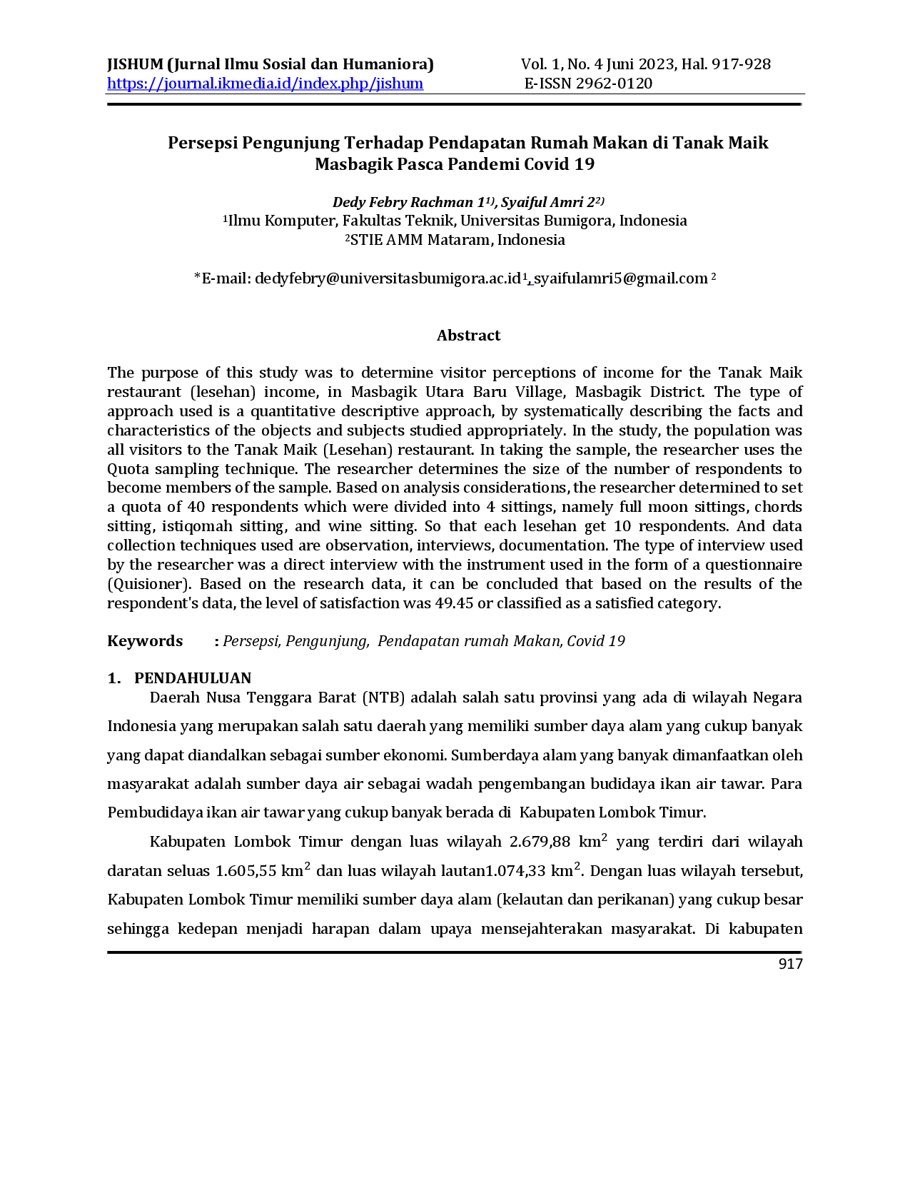 juris Persepsi Pengunjung Terhadap Pendapatan Rumah Makan di Tanak Maik Masbagik Pasca Pandemi Covid 19